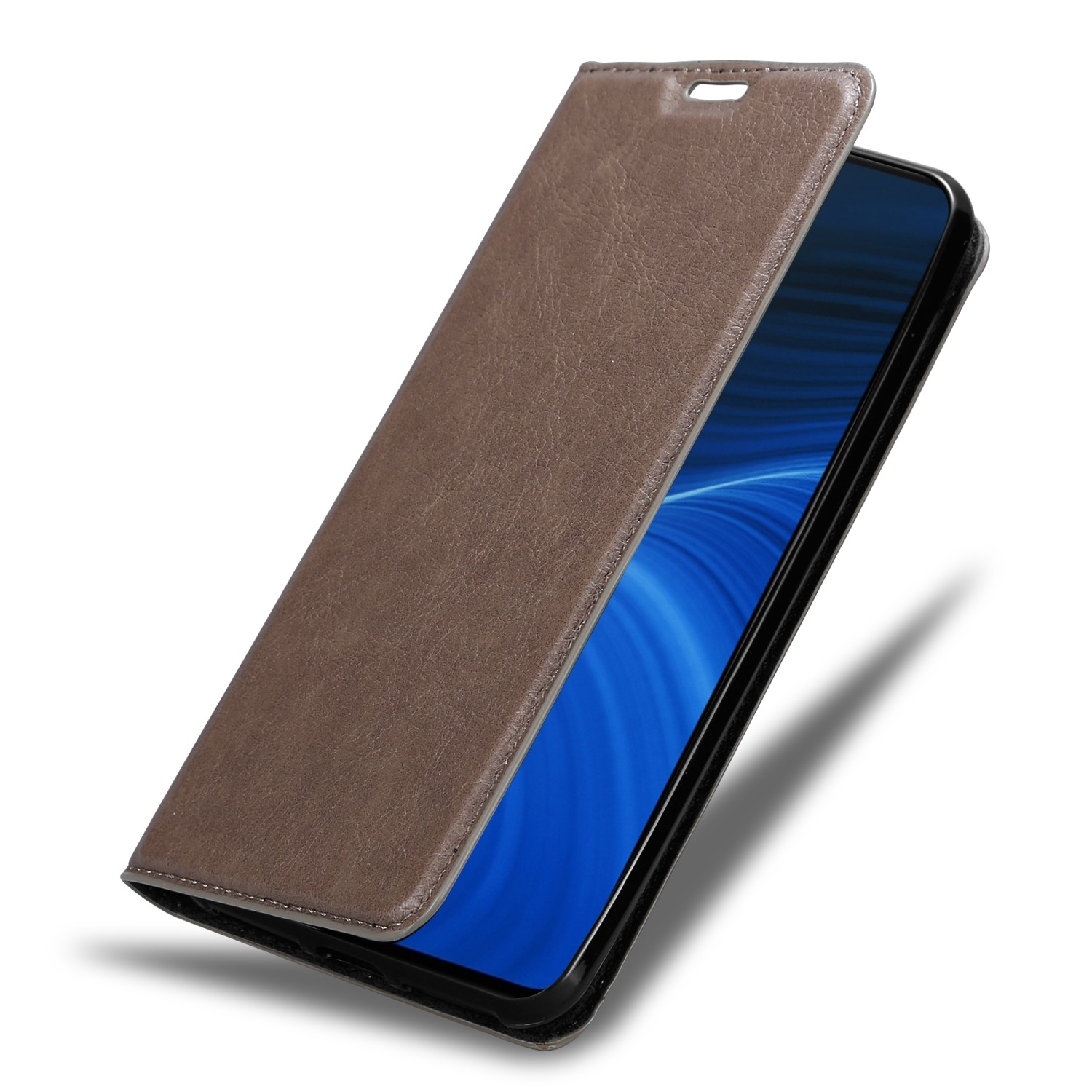 Custodia per telefono marrone, aperta. Schermo del telefono visibile, che mostra uno sfondo blu con bianco.