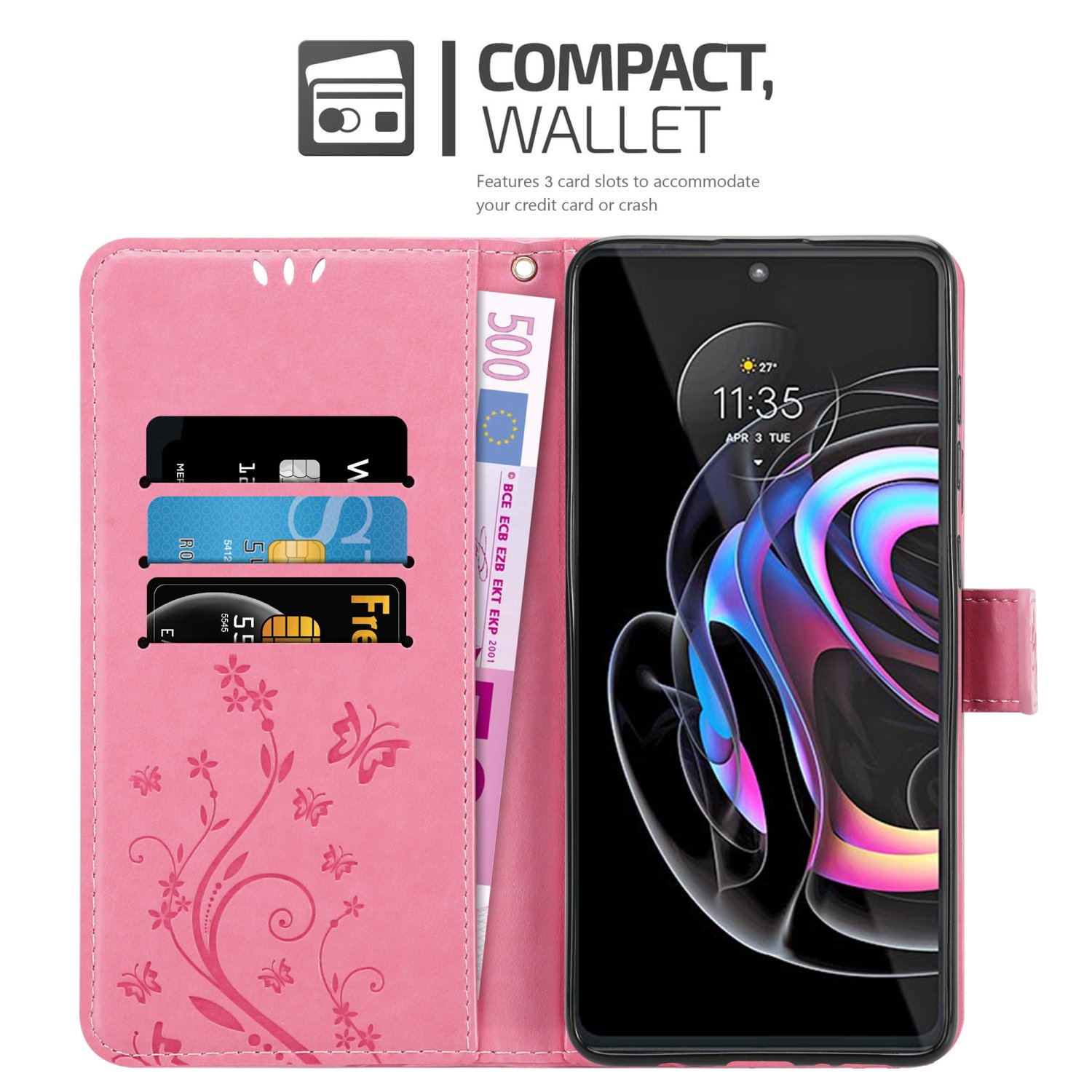 Custodia rosa aperta con telefono, carte e contanti. Testo: Compatto, Portafoglio.