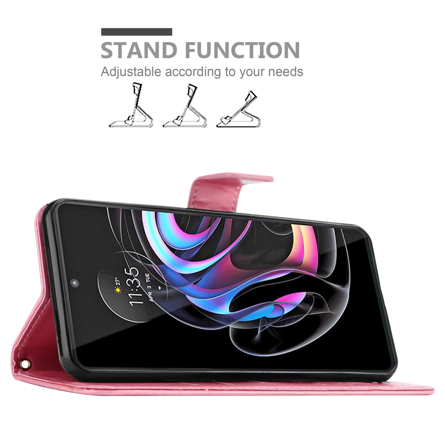 Custodia rosa con telefono. Il telefono è angolato. Testo: Funzione supporto. Regolabile in base alle tue esigenze.