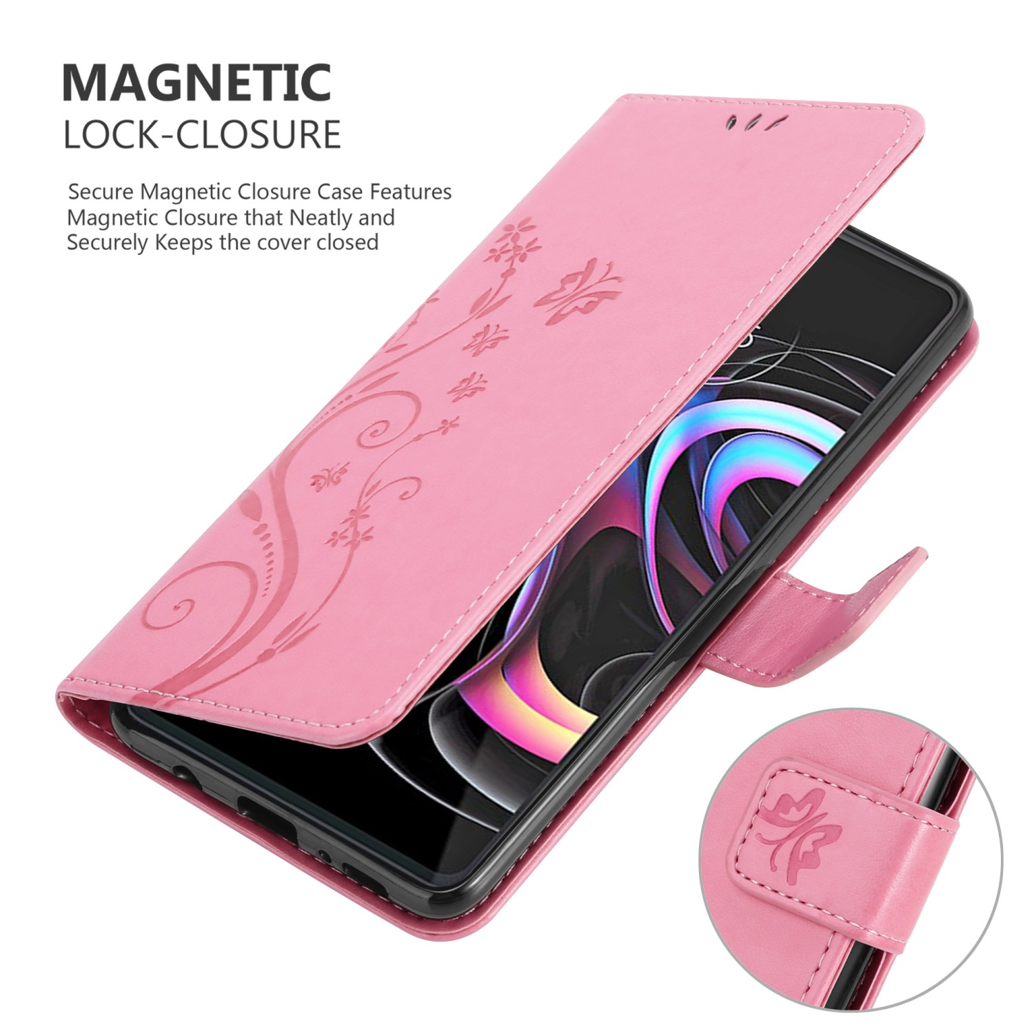 Custodia per telefono rosa con design floreale aperta. Telefono all'interno.