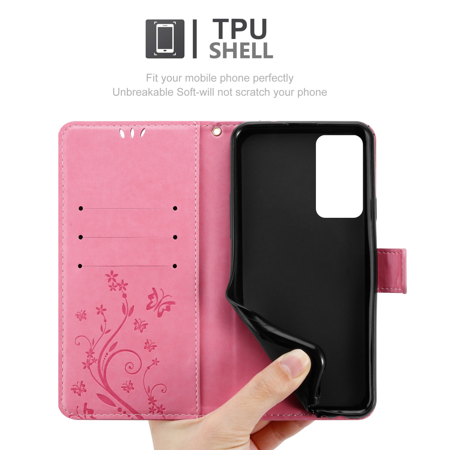 Custodia rosa per telefono, aperta. All'interno, un telefono nero è visibile, con una mano che tiene la custodia.