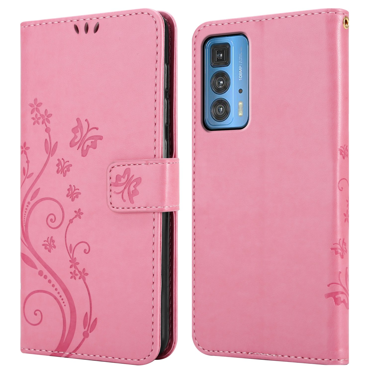 Custodia a portafoglio rosa con un motivo floreale. Il telefono è visibile all'interno.