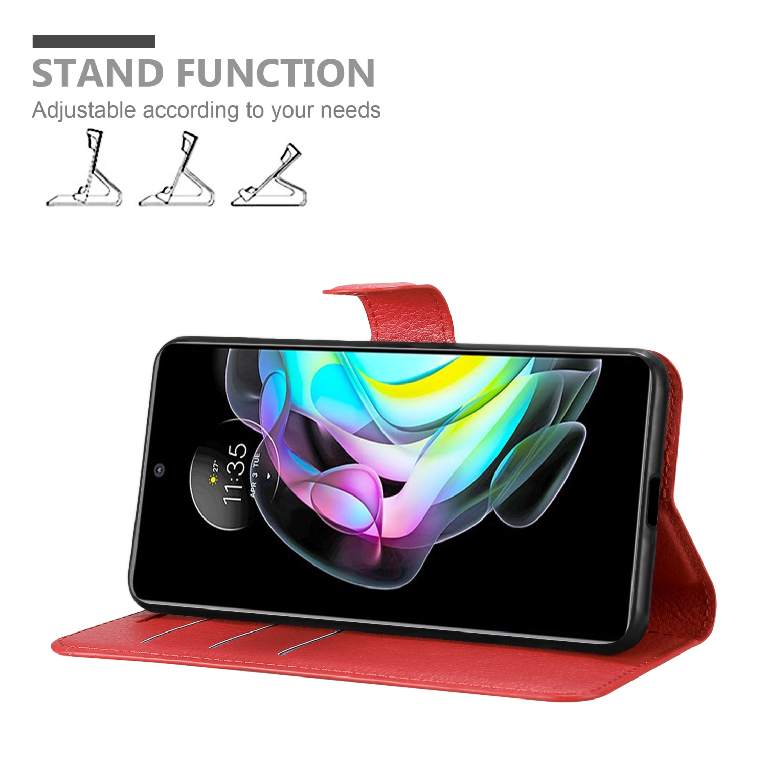 Custodia rossa con telefono in posizione stand. Mostra lo schermo. Funzione stand.