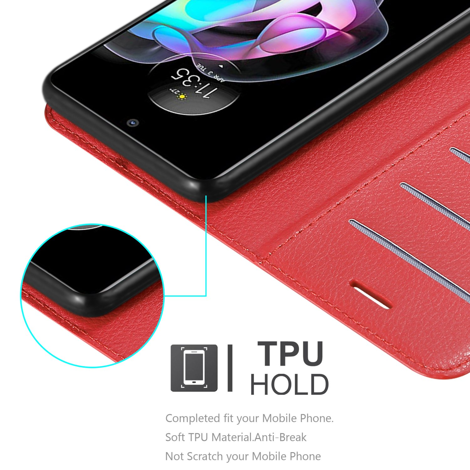 Un telefono nero in una custodia in pelle rossa, con slot per carte e supporto in TPU.