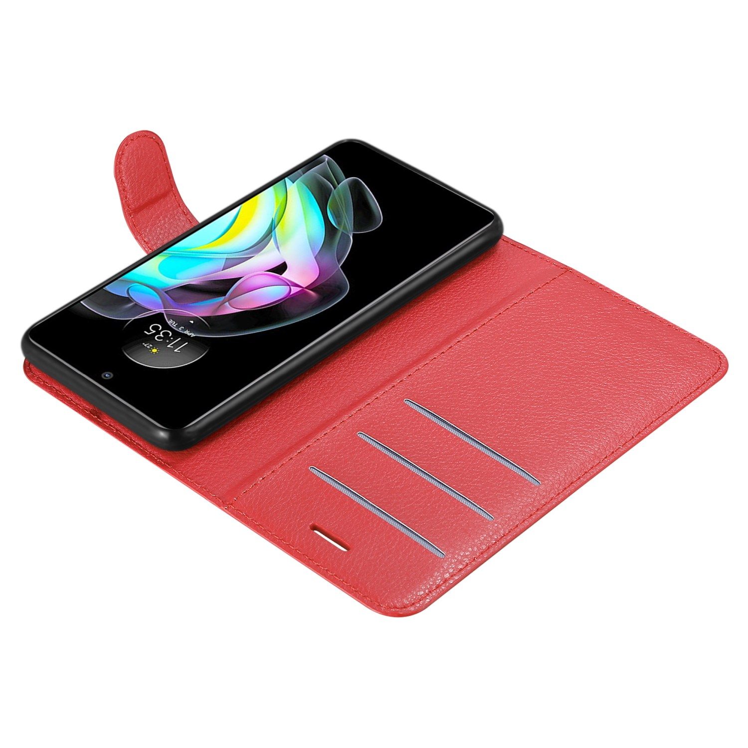 Custodia rossa con telefono. Slot per schede visibili. Sfondo bianco.