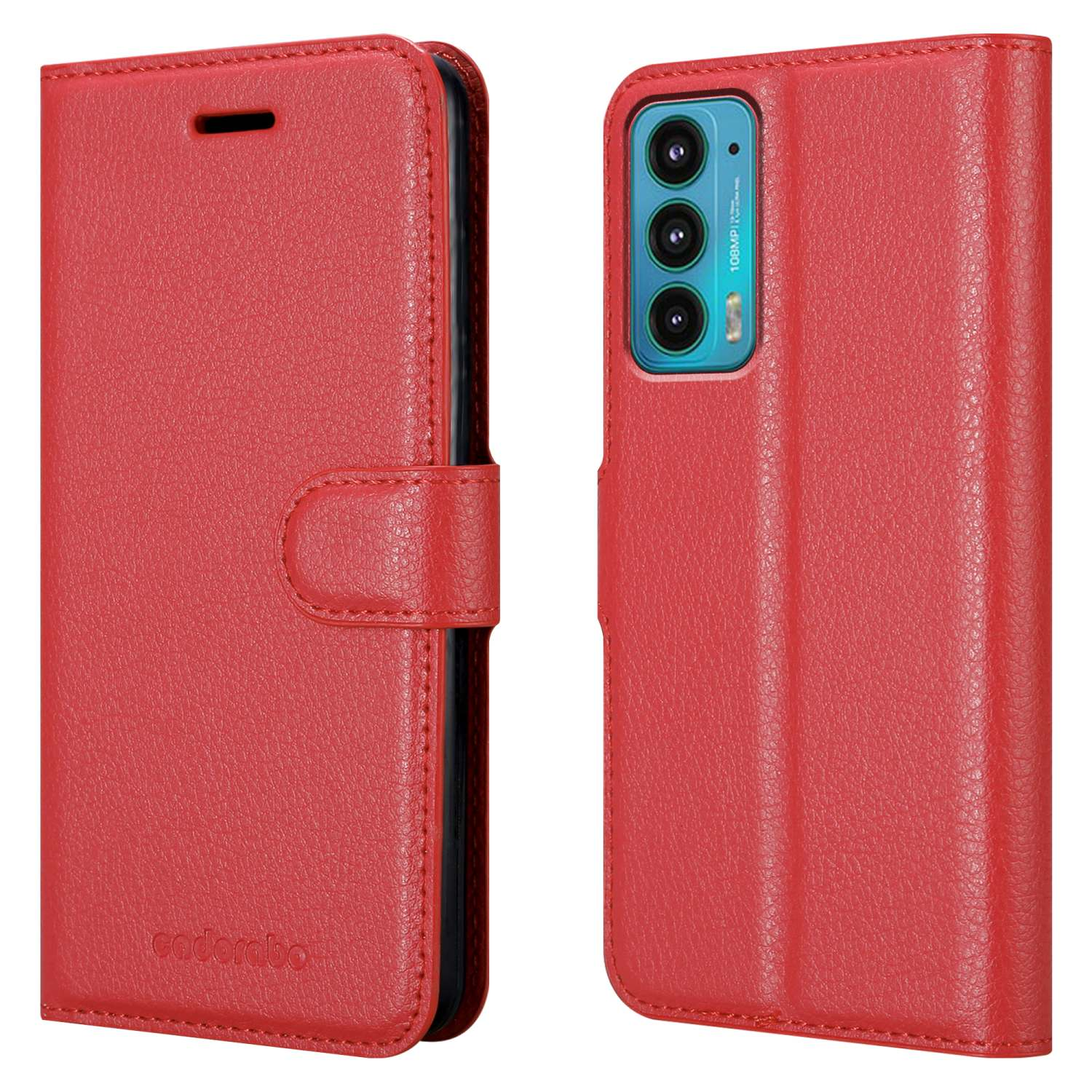 Una custodia rossa per telefono in due parti, che mostra entrambi i lati con un telefono all'interno.