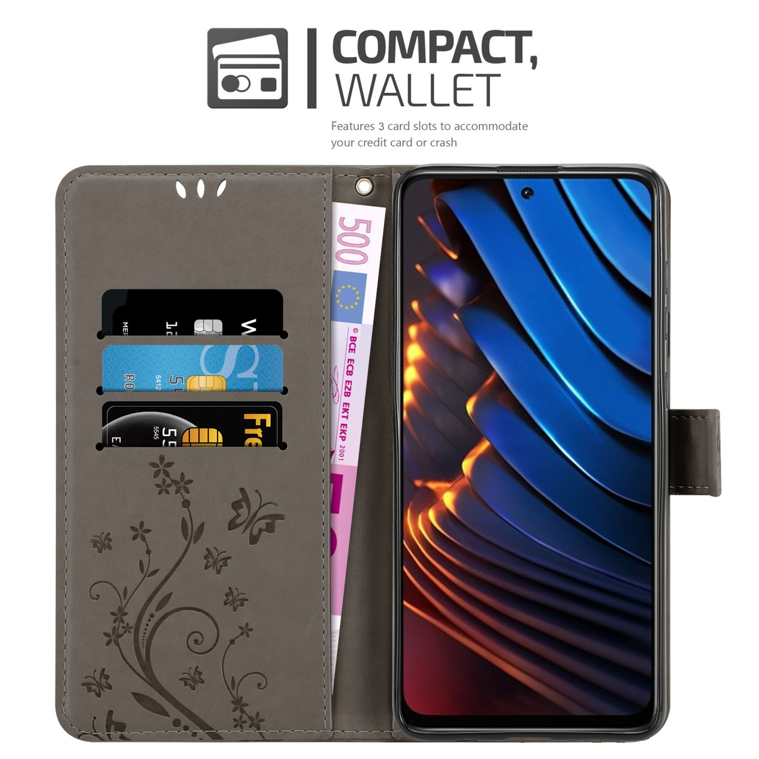 Custodia grigia aperta con carte e denaro. Telefono dentro. Design floreale e farfalla.
