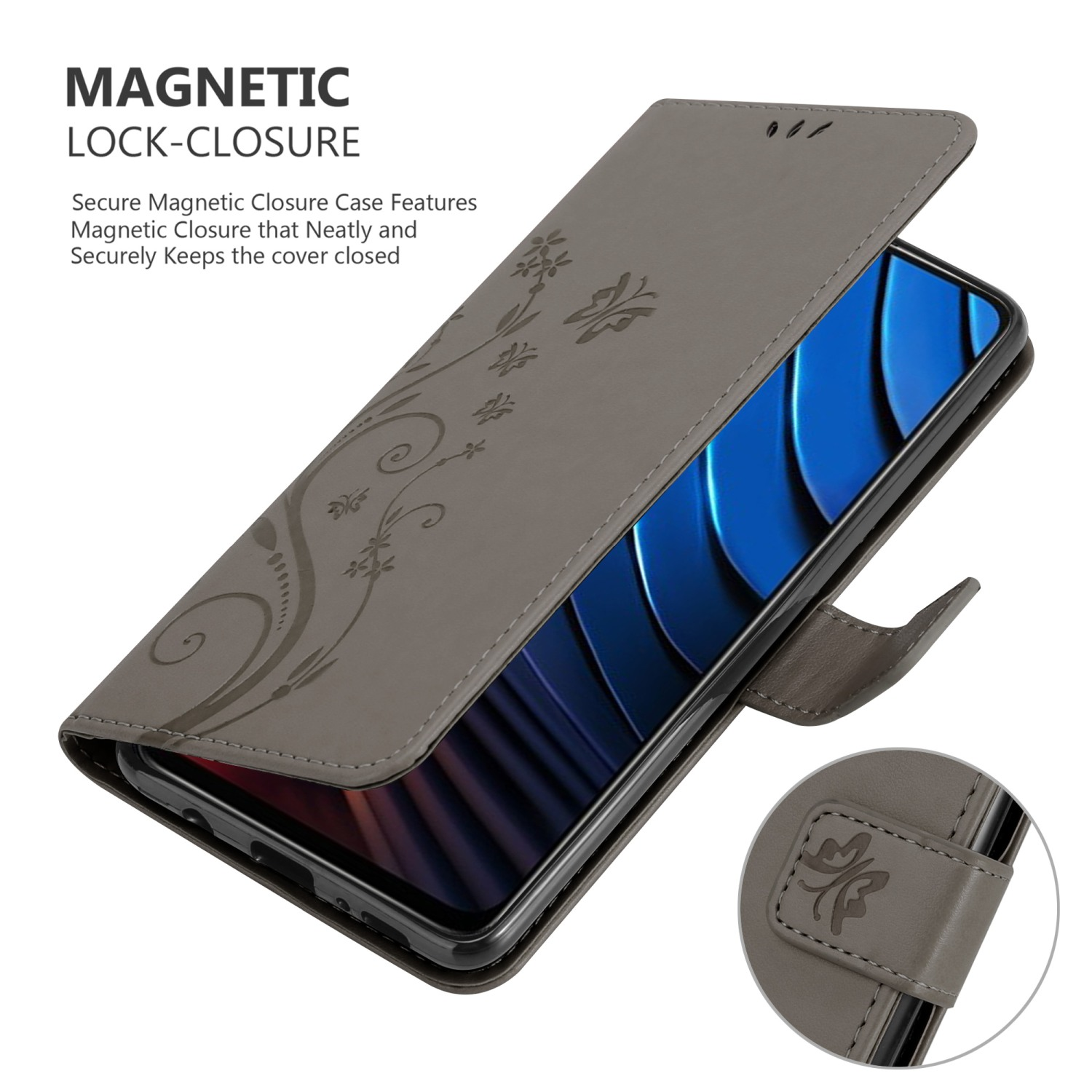 Custodia grigia, aperta, che mostra lo schermo del telefono e la chiusura magnetica. Su superficie bianca.