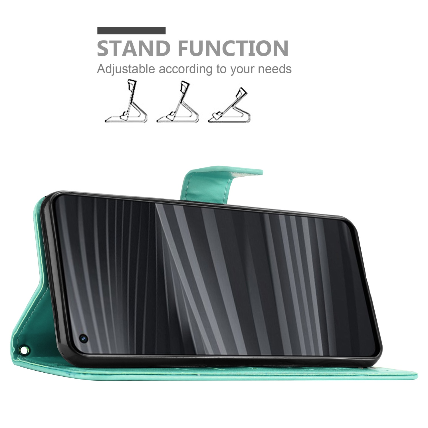Custodia per telefono verde acqua con telefono. Testo: Funzione supporto. Regolabile in base alle tue esigenze. Lo schermo del telefono è visibile.