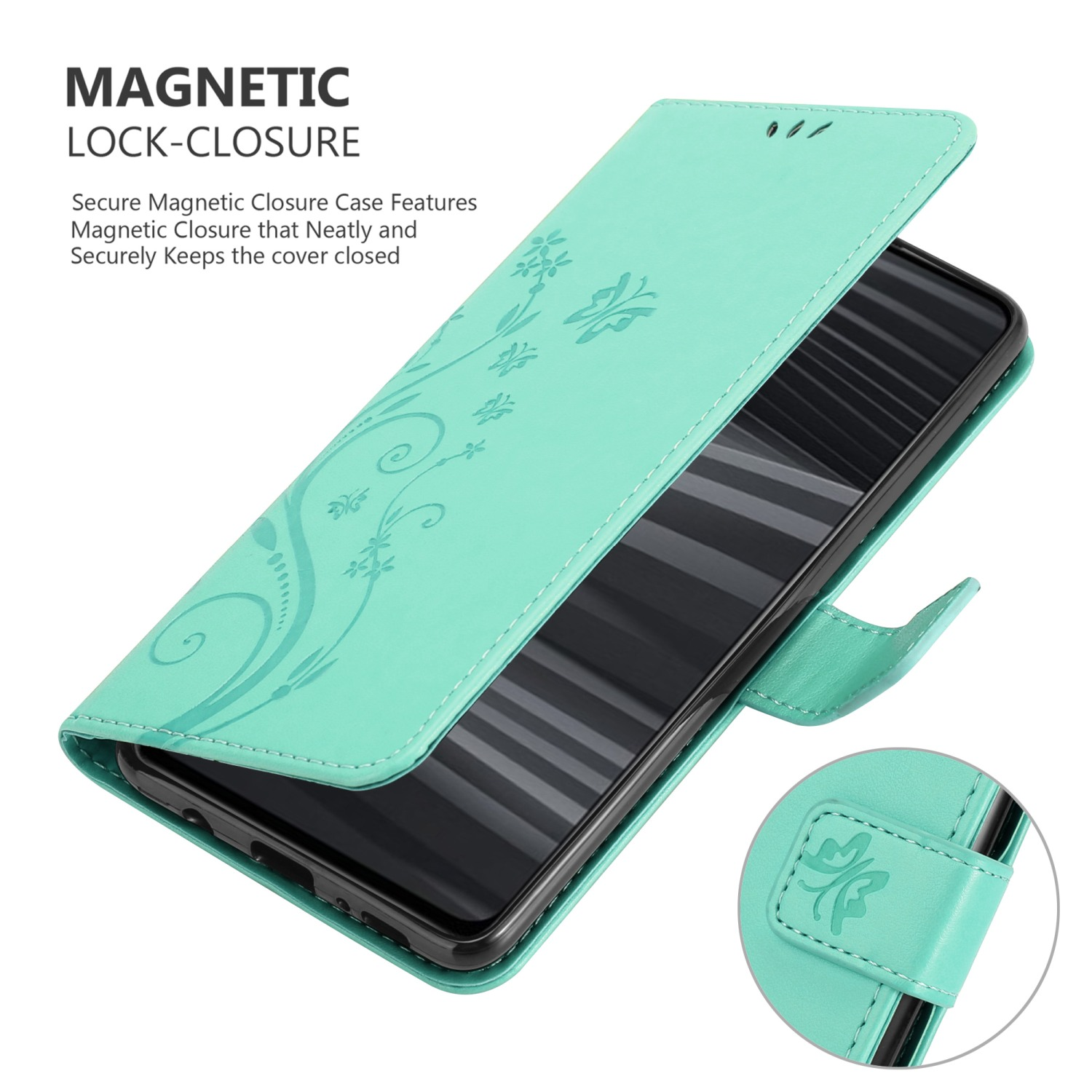 Custodia per telefono color acqua con design floreale, aperta per rivelare il telefono. Chiusura magnetica a destra.