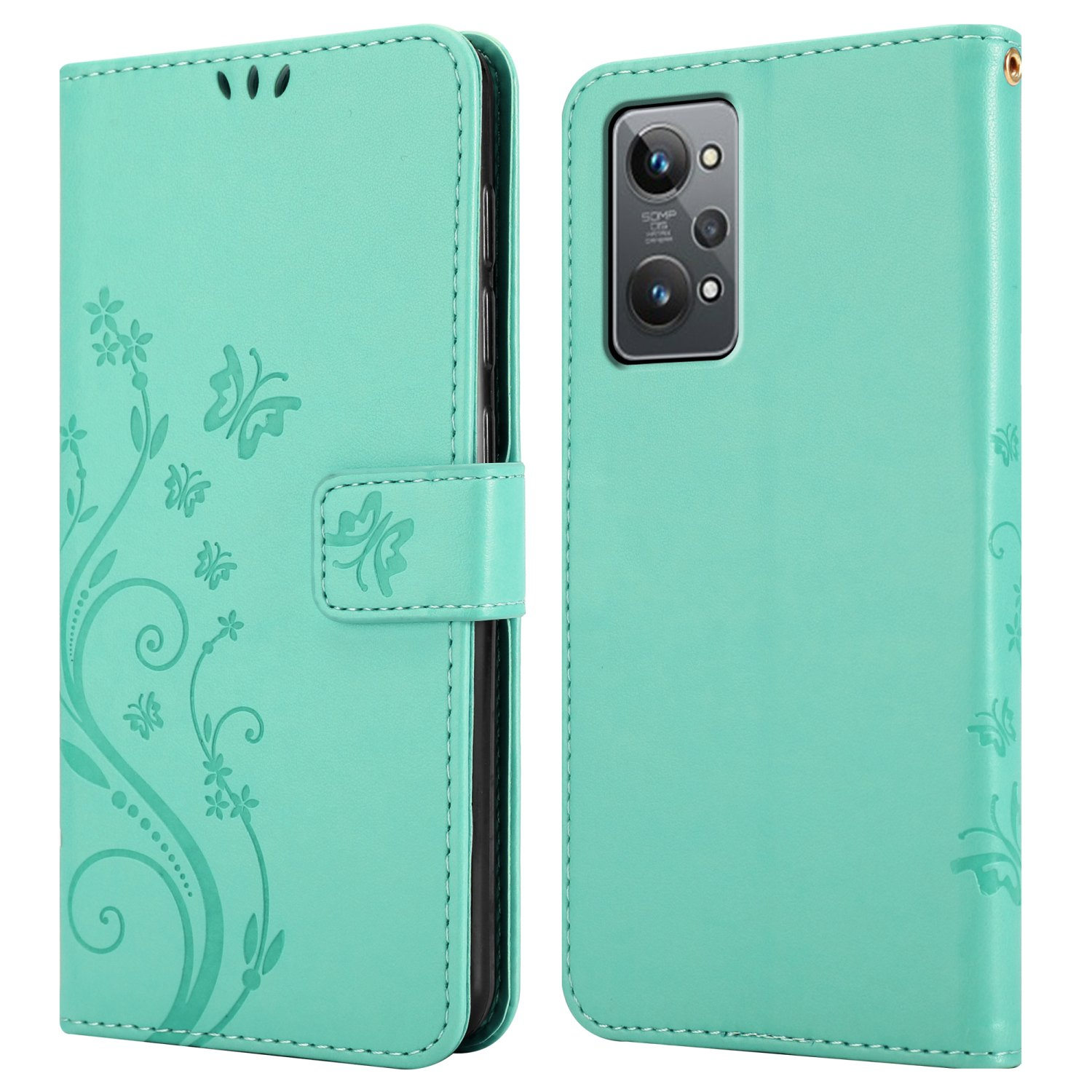Custodia per telefono turchese, chiusa e aperta, con design floreale. La fotocamera del telefono è visibile sul retro.