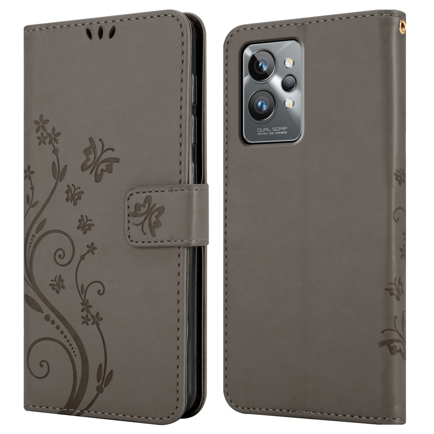 Custodia grigia per telefono aperta, che mostra un telefono. Presenta un design floreale e una chiusura magnetica.