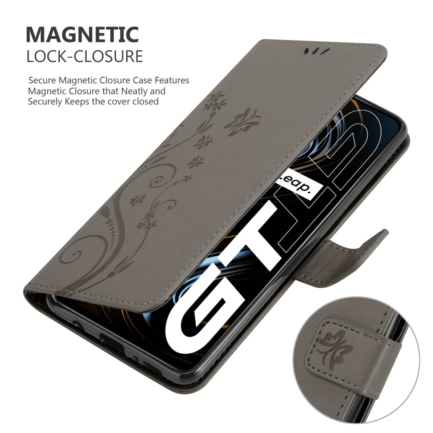 Una custodia per telefono grigia è aperta. Un telefono è all'interno. La custodia ha un design floreale e una chiusura magnetica.