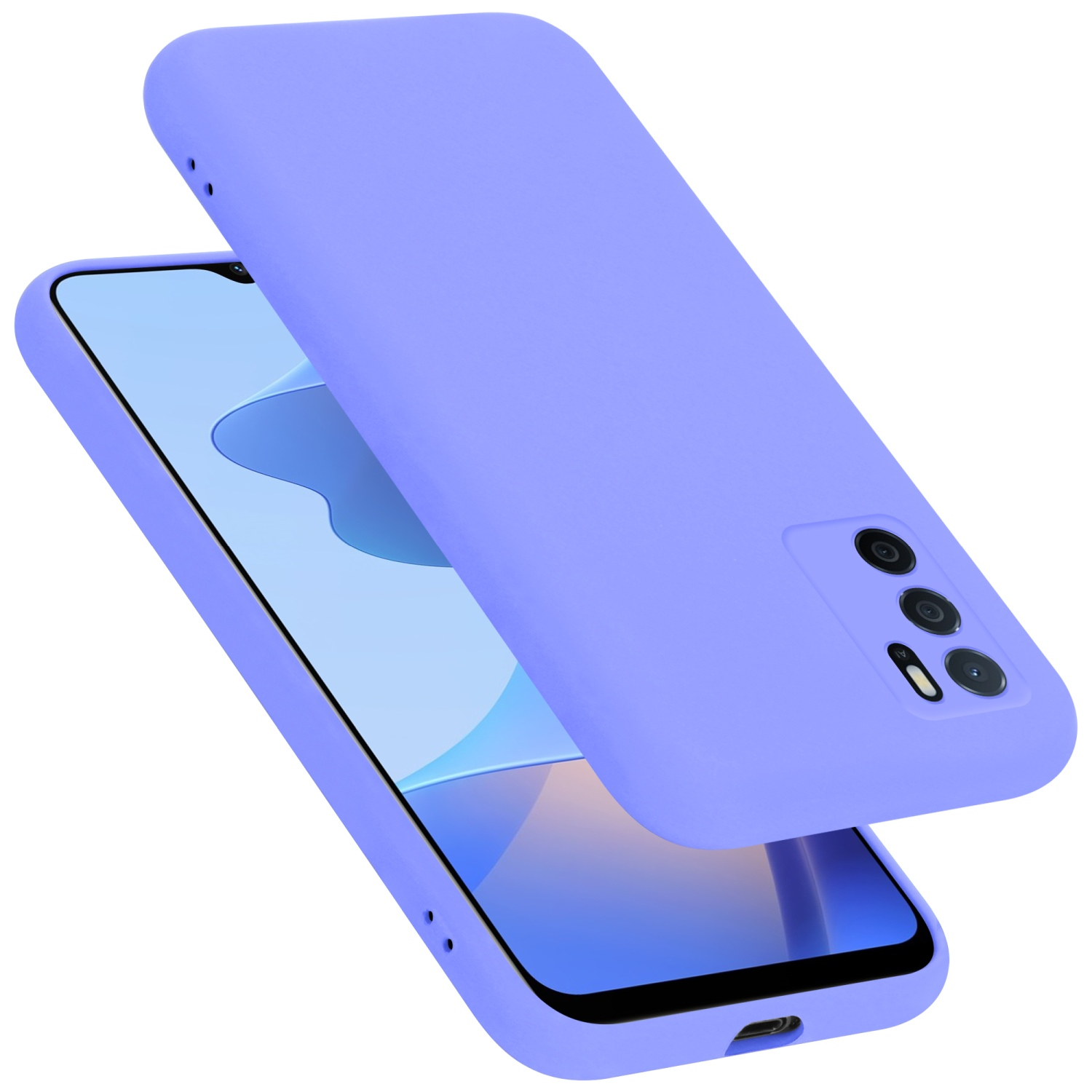 Hellviolette Handyhülle, die die Rückseite und Seiten eines Telefons bedeckt. Das Telefon ist schwarz mit Kameras.