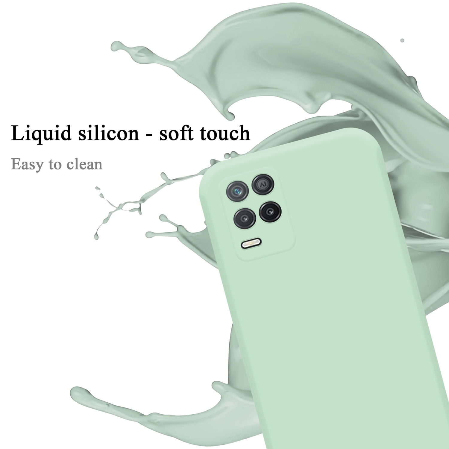 Una custodia per telefono verde menta con effetto schizzo. Il testo dice 'Silicone liquido - tocco morbido' e 'Facile da pulire'.