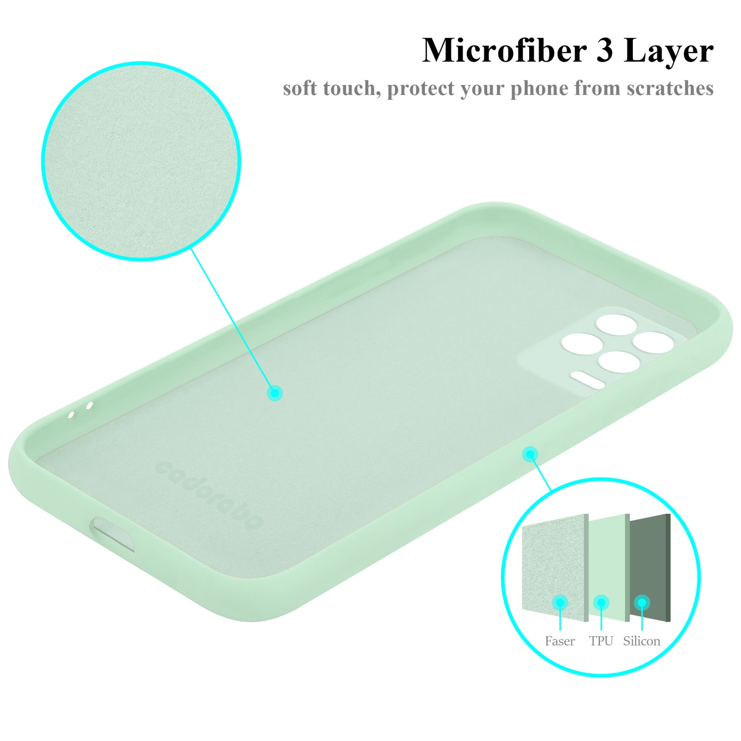 Custodia per telefono verde menta a tre strati, dettagli del prodotto. Protezione in microfibra a 3 strati.