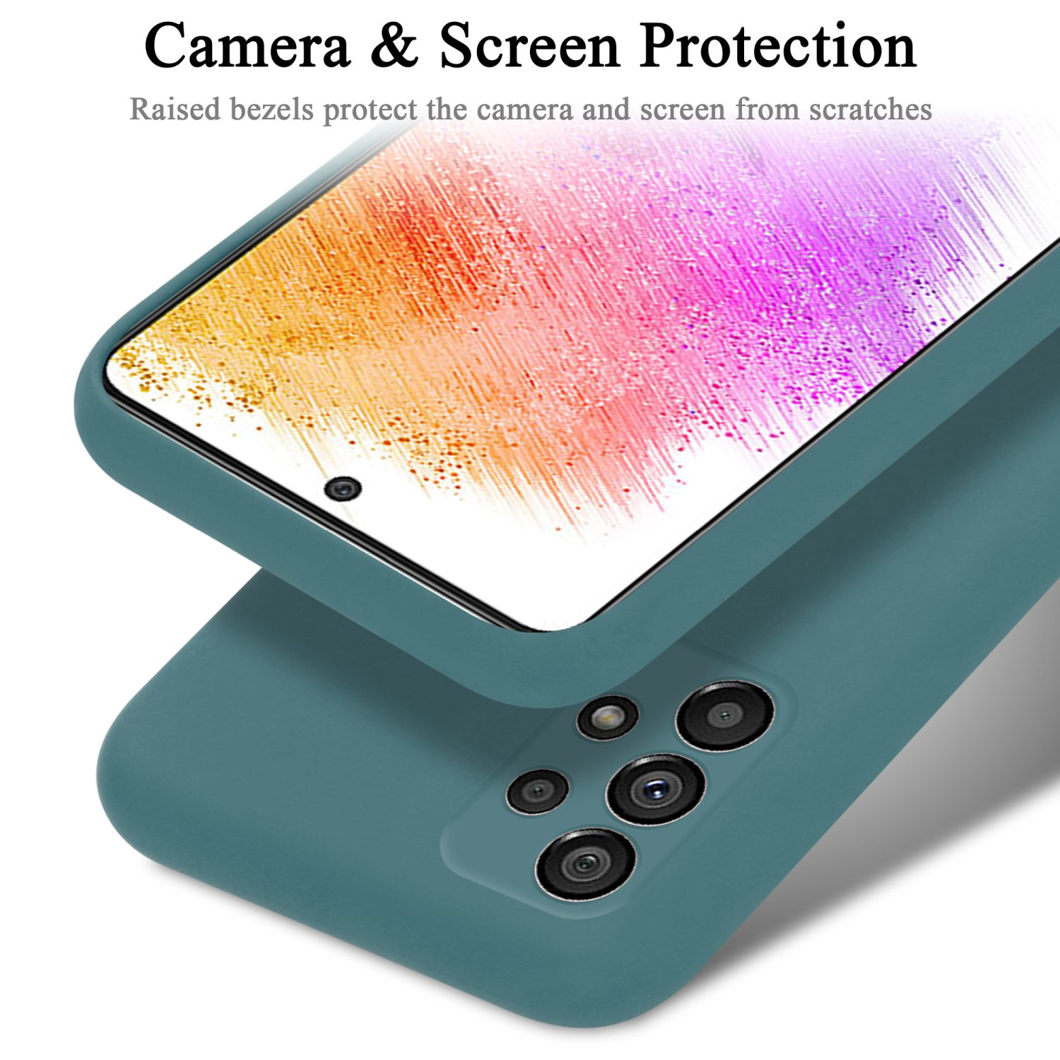 Türkise Handyhülle mit Telefon. Text sagt 'Camera & Screen Protection'.