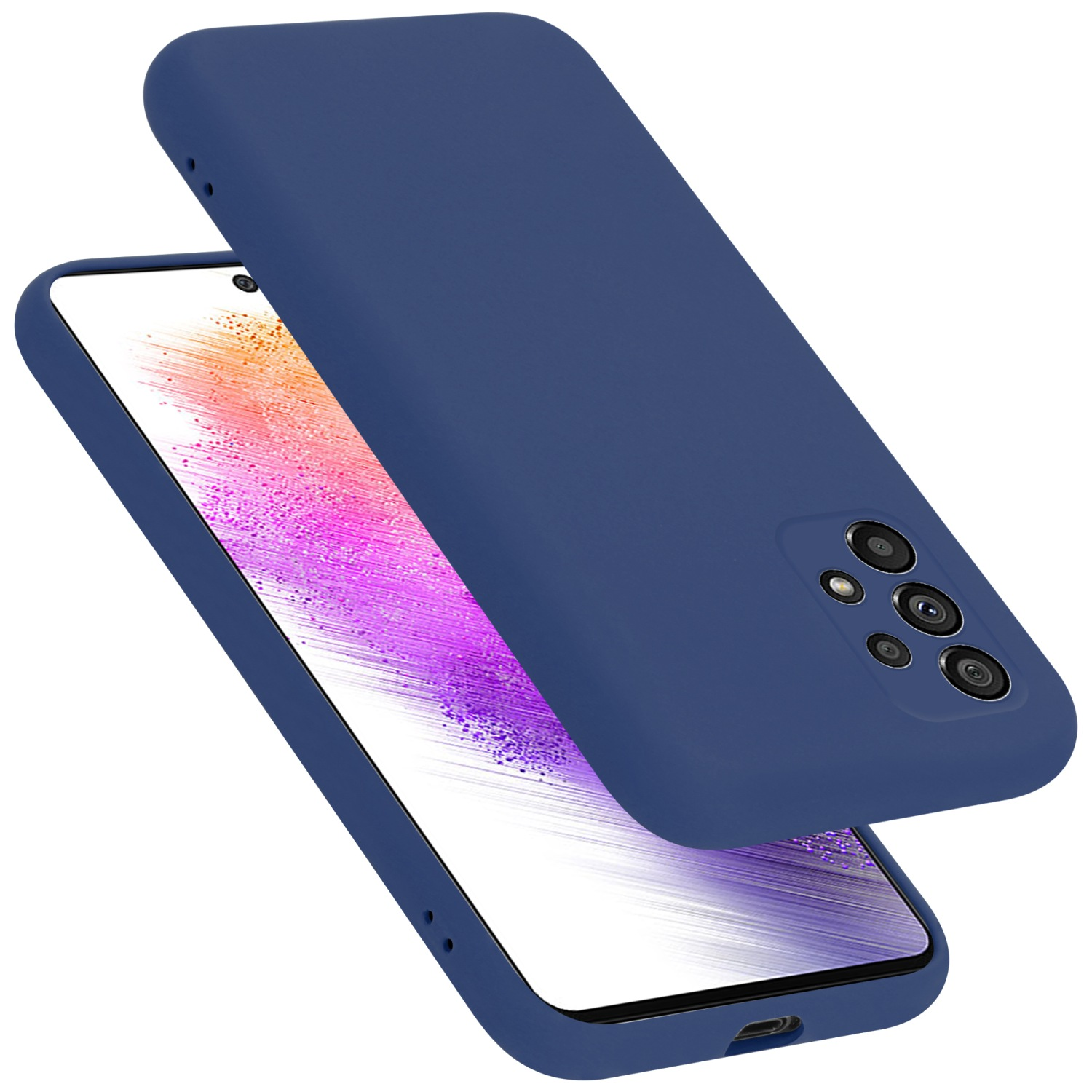 Blaue Handyhülle, oben und unten. Gehäuse ist offen, zeigt Telefon mit lila Bildschirm.