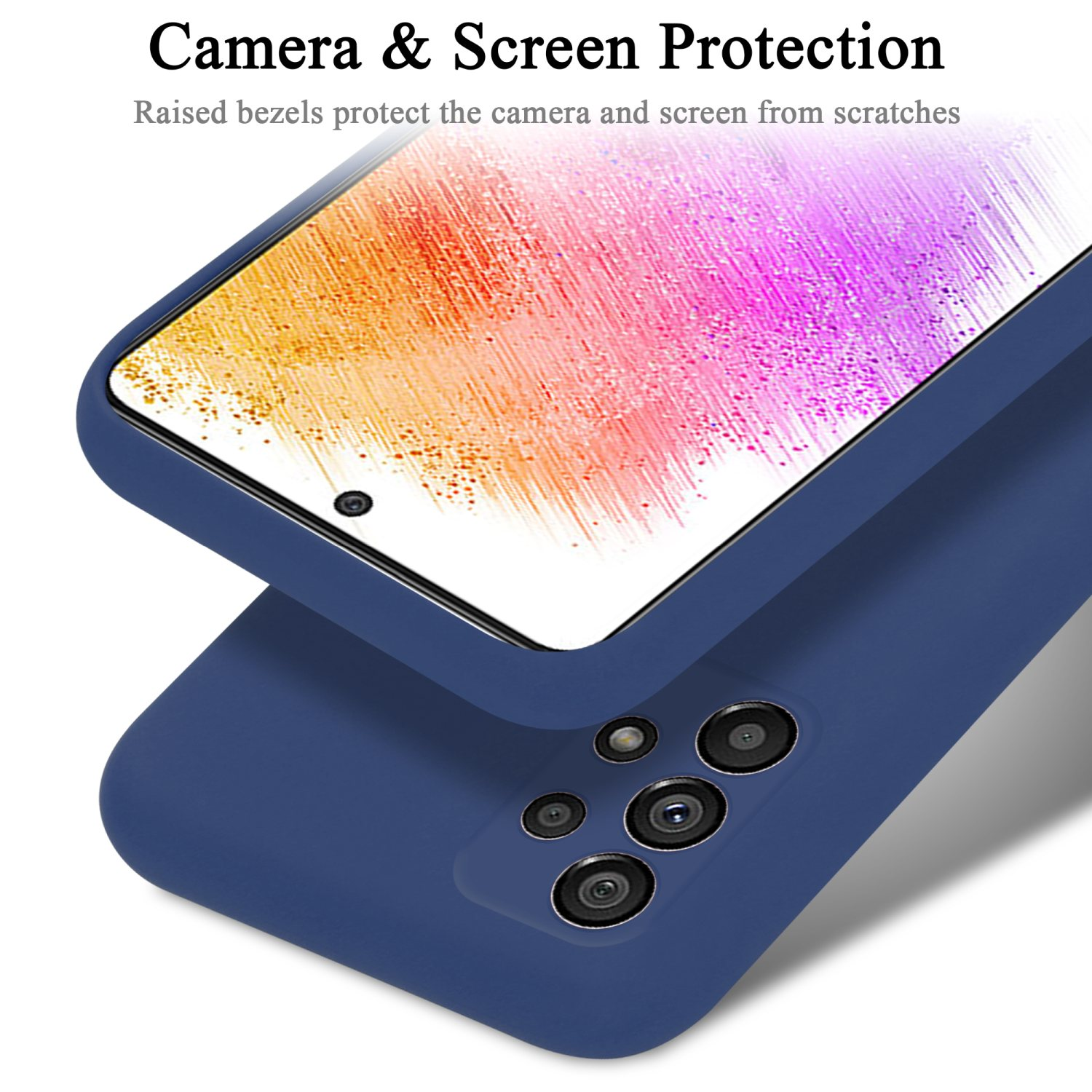 Blaue Handyhülle mit Handy. Kamera- und Bildschirmschutz werden hervorgehoben.