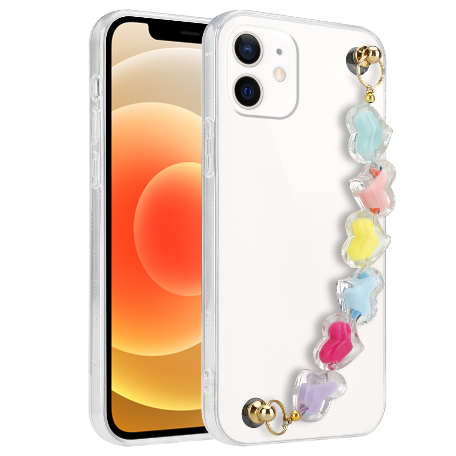 Transparente Handyhülle mit bunten Anhängern. Ein iPhone befindet sich in der Hülle.