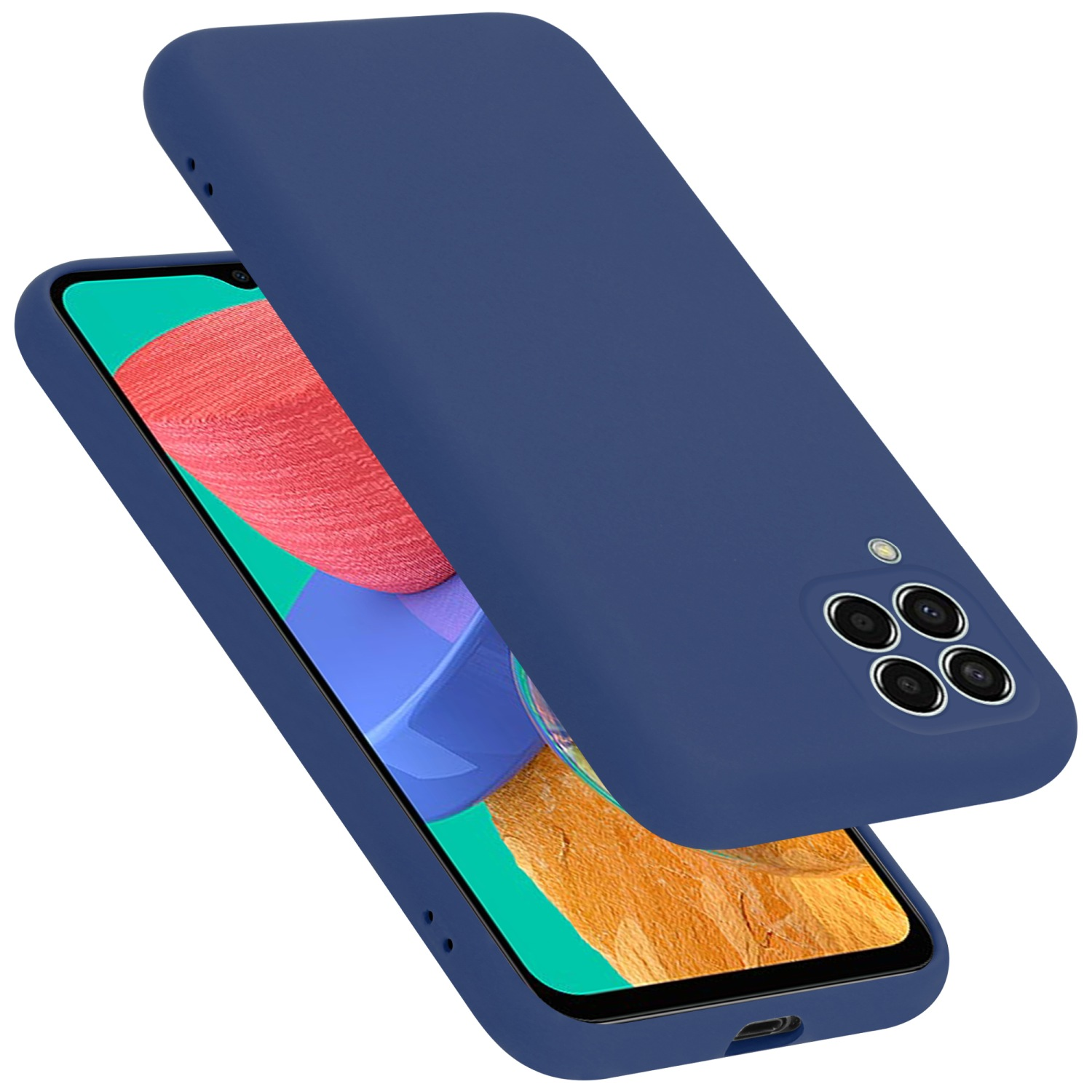 Marineblaue Handyhülle, oben und unten. Gehäuse ist offen, zeigt Telefon.