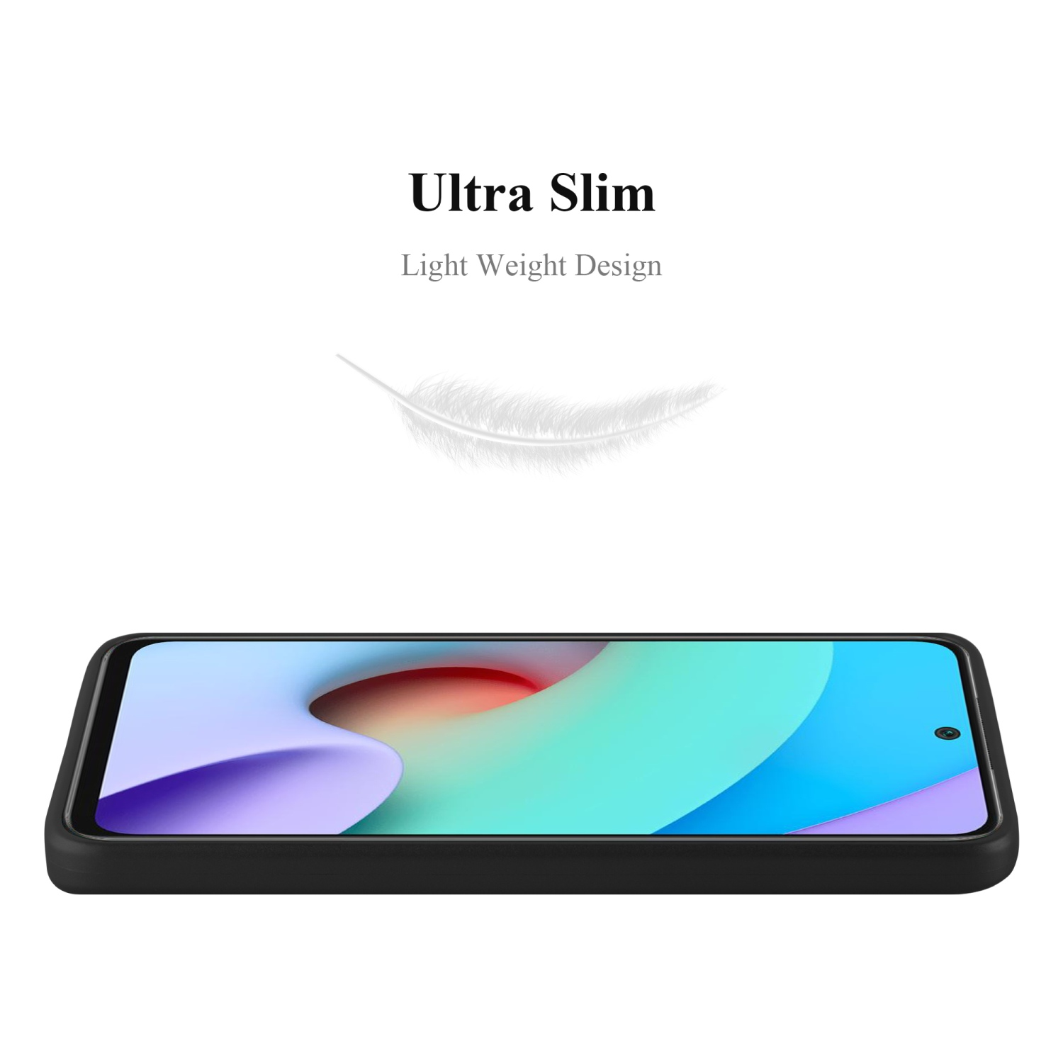 Schwarze Handyhülle mit Telefon. Text: Ultra Slim. Feder Grafik über dem Telefon.