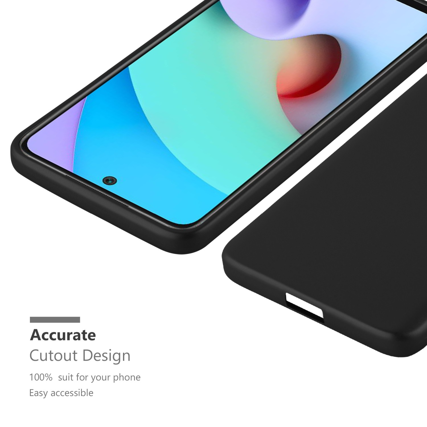 Schwarze Handyhülle, Telefon darin. Genaues Aussparungsdesign für das Telefon.
