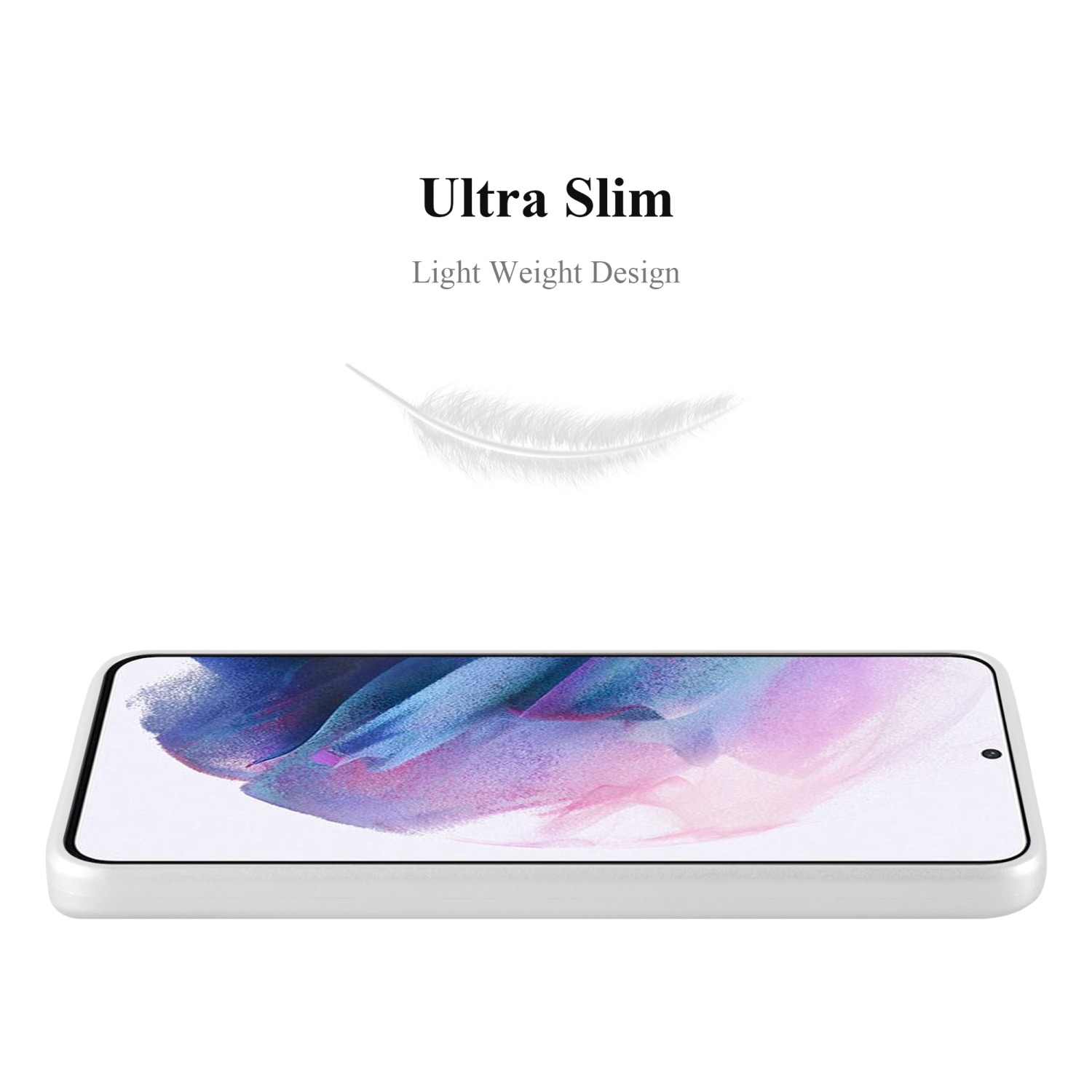 Custodia per telefono bianca su sfondo bianco. Testo: Ultra sottile. Design leggero. Una piuma fluttua sopra il telefono.