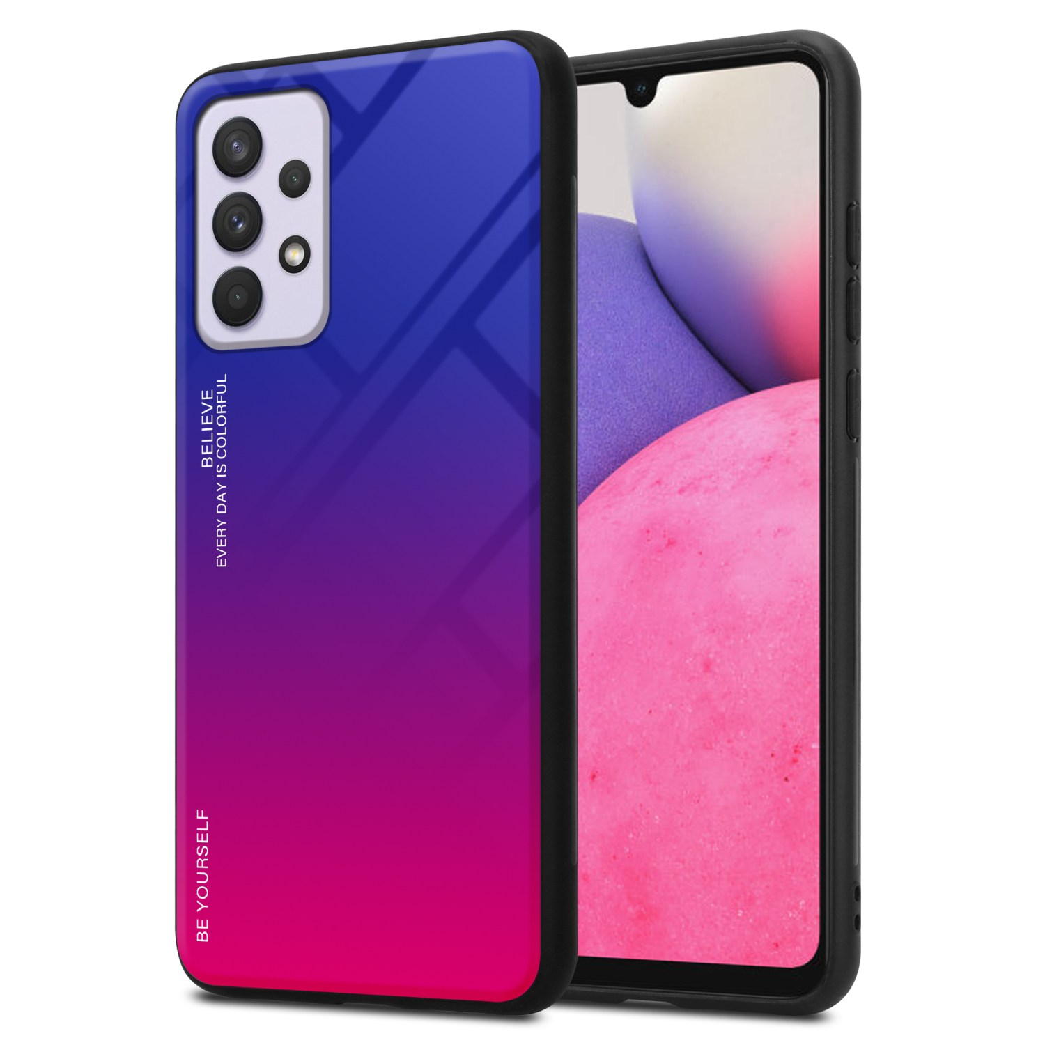 Gradient Handyhülle, blau zu pink. Telefon mit schwarzem Rahmen und Bildschirm, bunter Hintergrund.