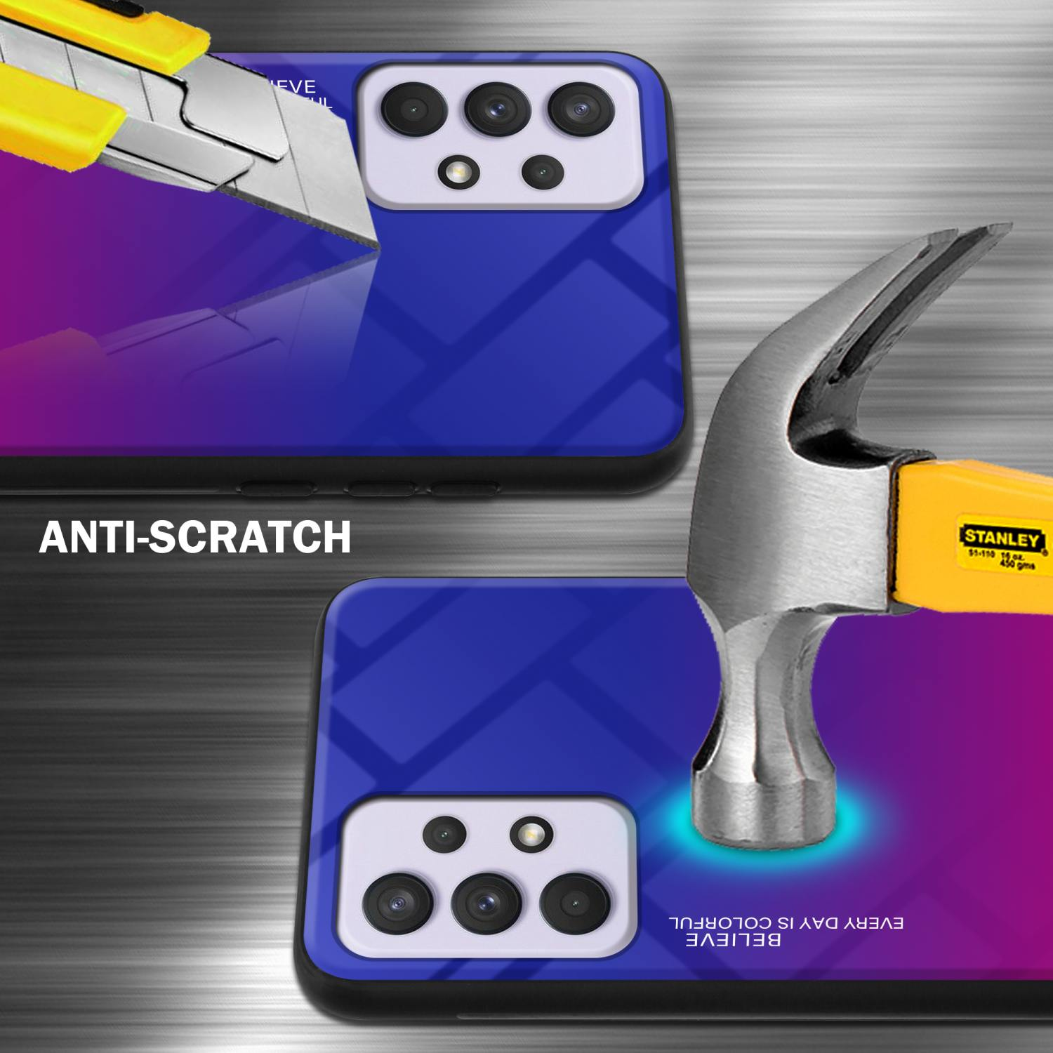 Handyhülle wird mit Messer und Hammer getestet. Text sagt 'ANTI-SCRATCH'.