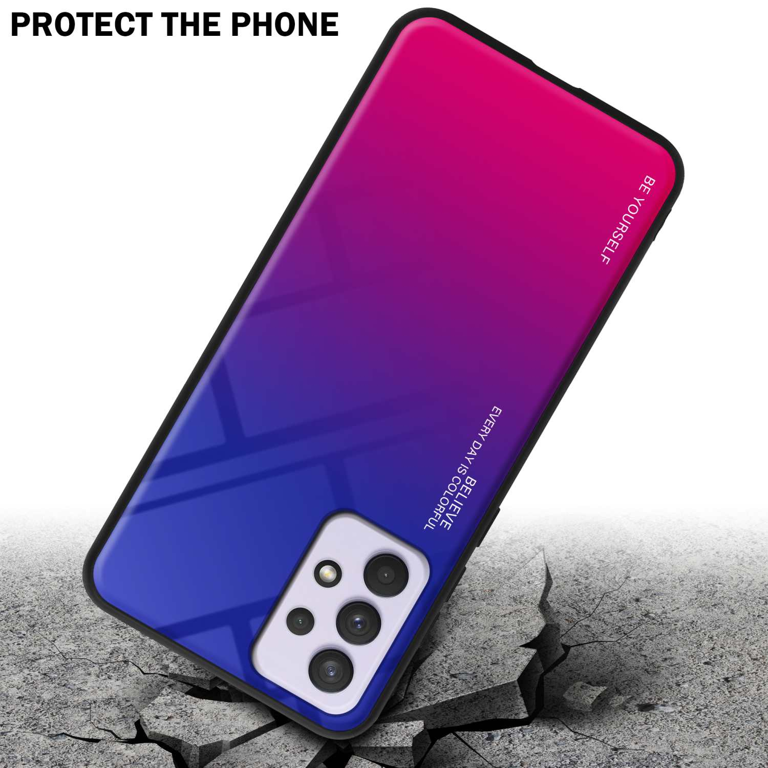 Handyhülle mit blau-rosa Farbverlauf-Telefon darin, auf rissiger Oberfläche. Text: Schütze das Telefon.