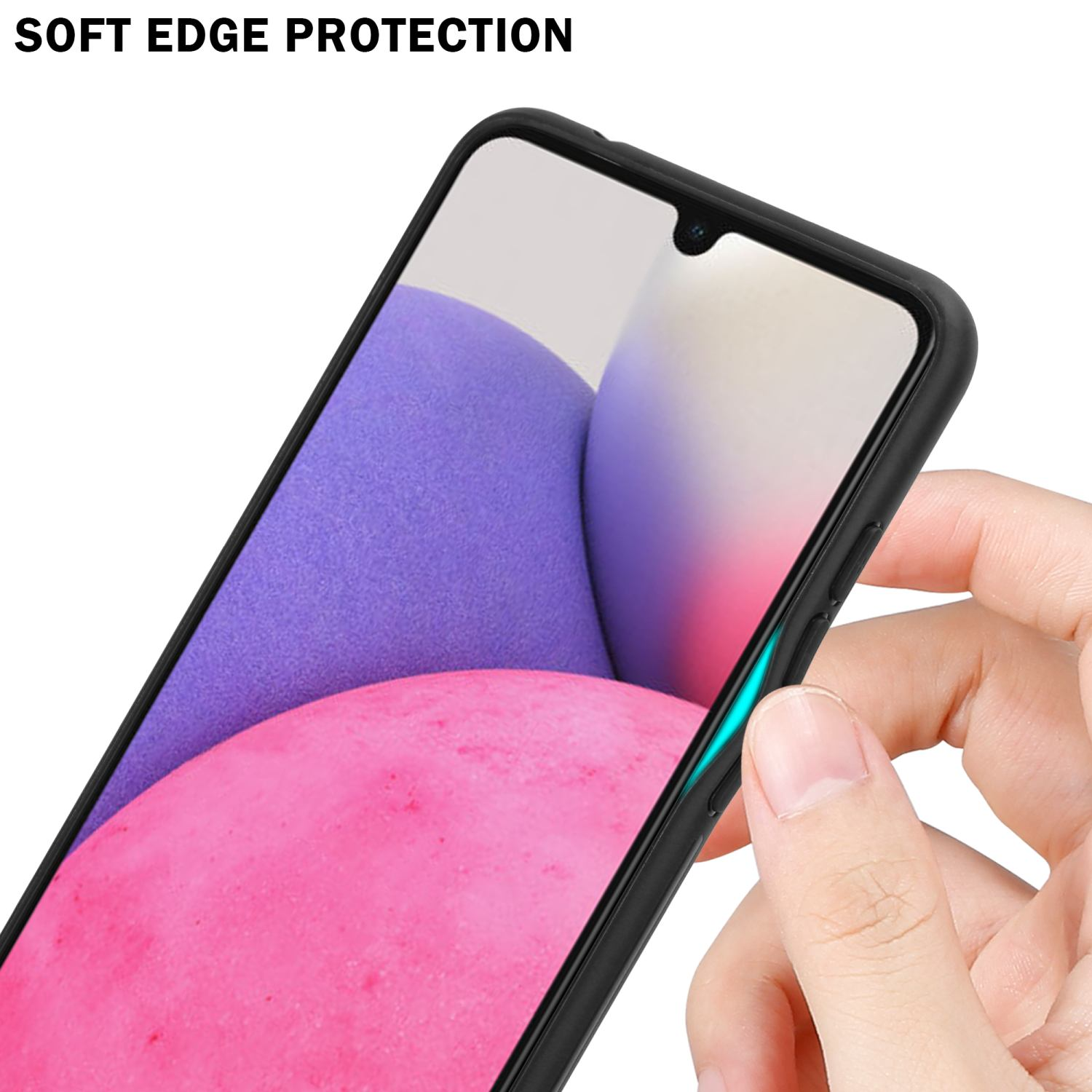 Schwarze Handyhülle mit Telefon. Hand berührt den Rand. Text: Weichkantenschutz.