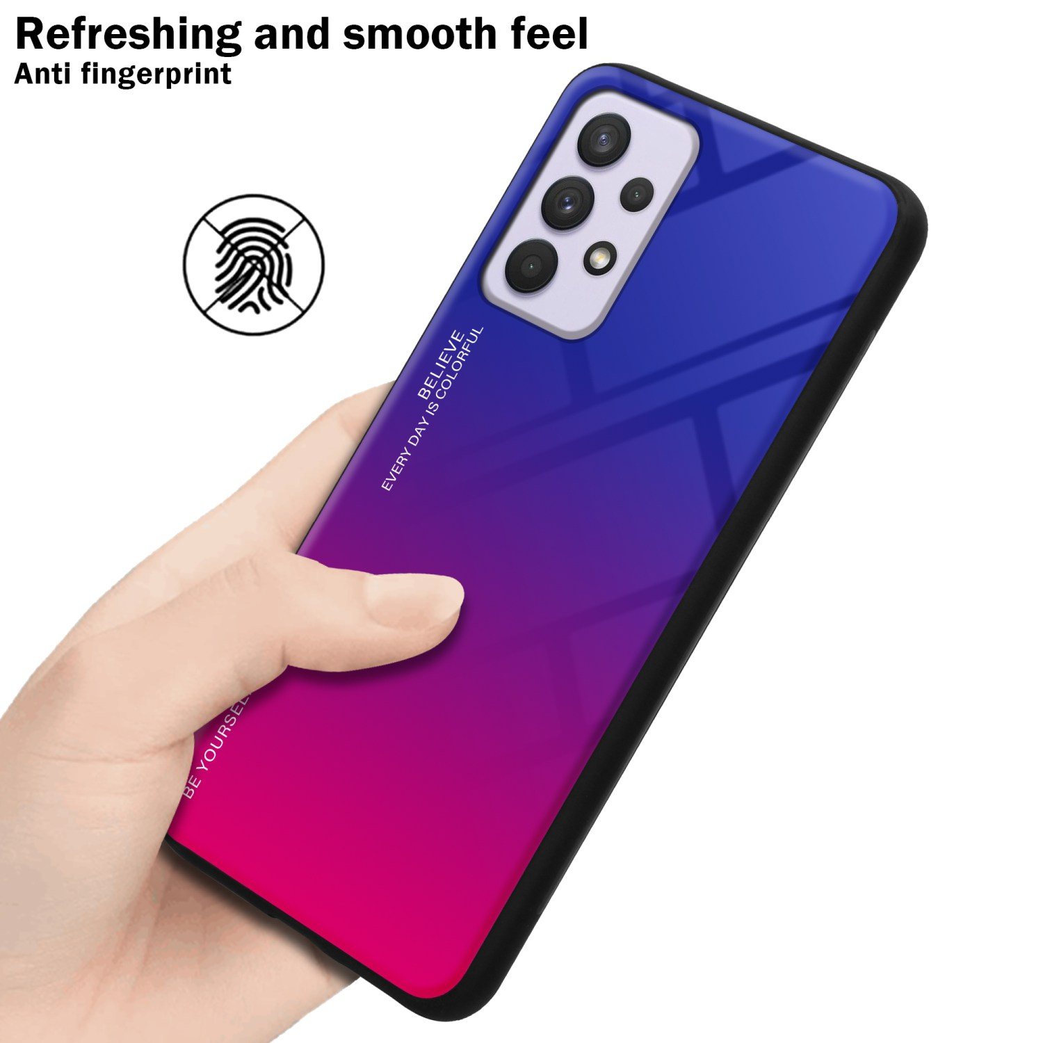 Eine Hand, die ein Telefon mit farbenfrohem Gradientendesign hält. Text: Erfrischendes und geschmeidiges Gefühl. Anti-Fingerabdruck. Fingerabdrucksymbol.