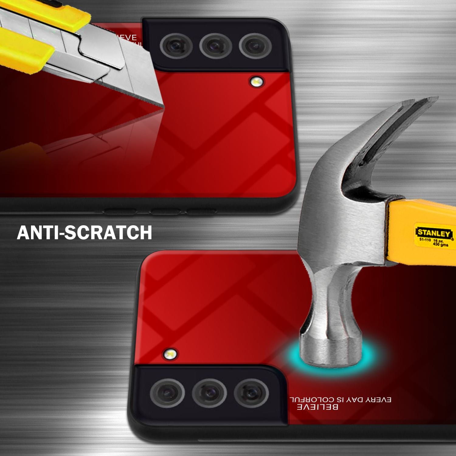 Telefon mit zerbrochenem Glas, mit Hammer und Cutter, zeigt Anti-Kratz-Eigenschaften.