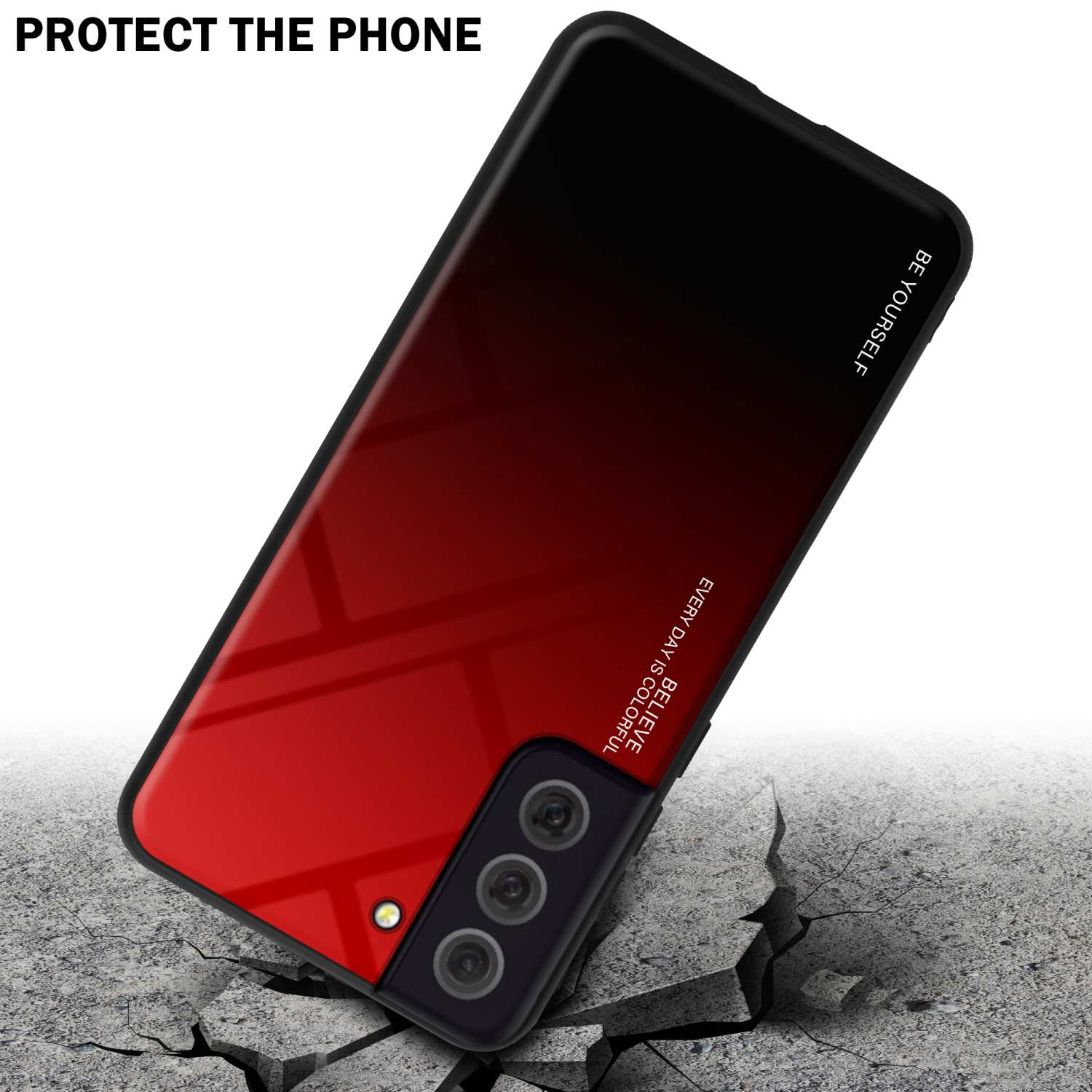 Eine Handyhülle mit einem rot-schwarzen Farbverlauf. Text weist auf Schutz für das Telefon hin.