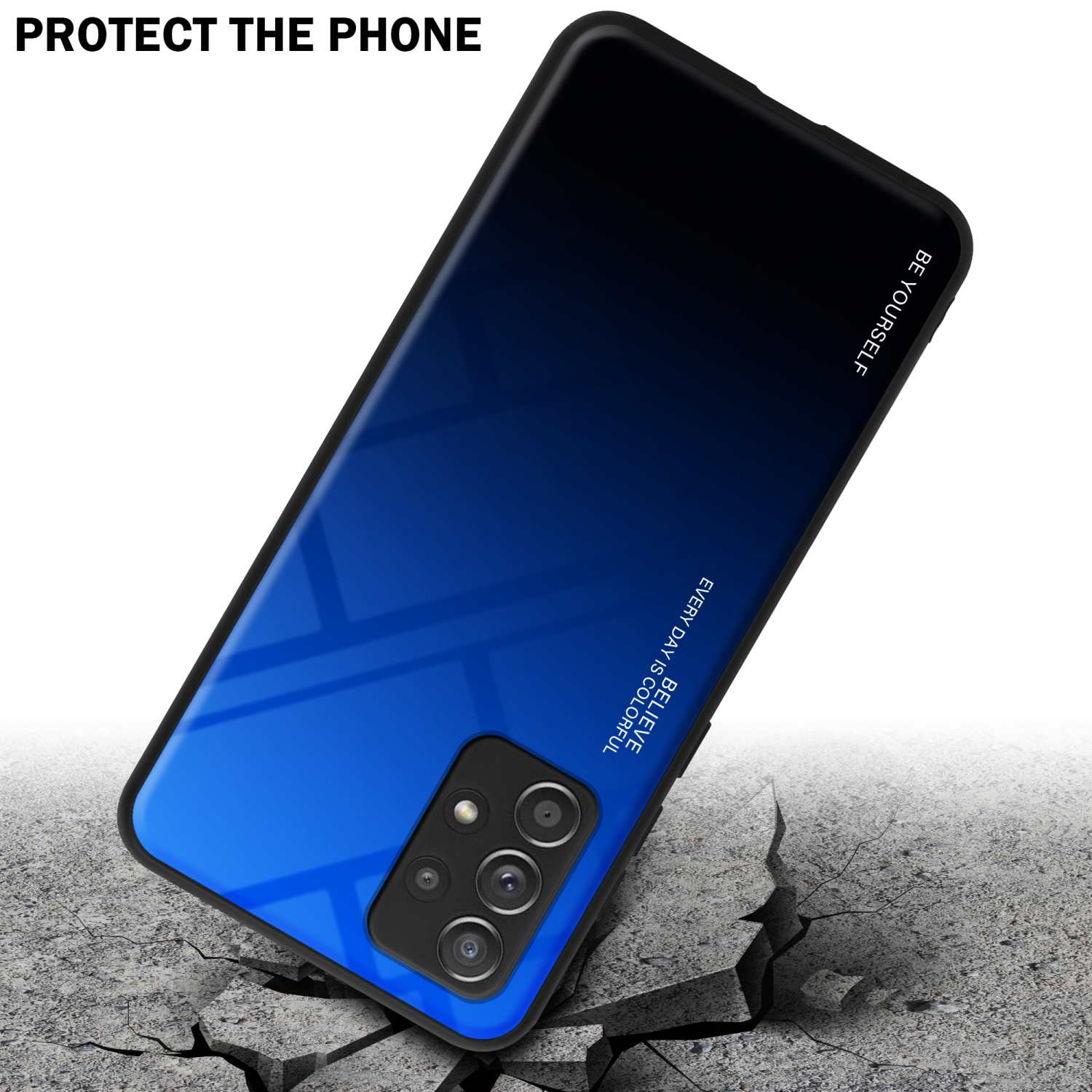 La custodia del telefono è blu e nera, con una sfumatura. Il telefono è su una superficie incrinata.