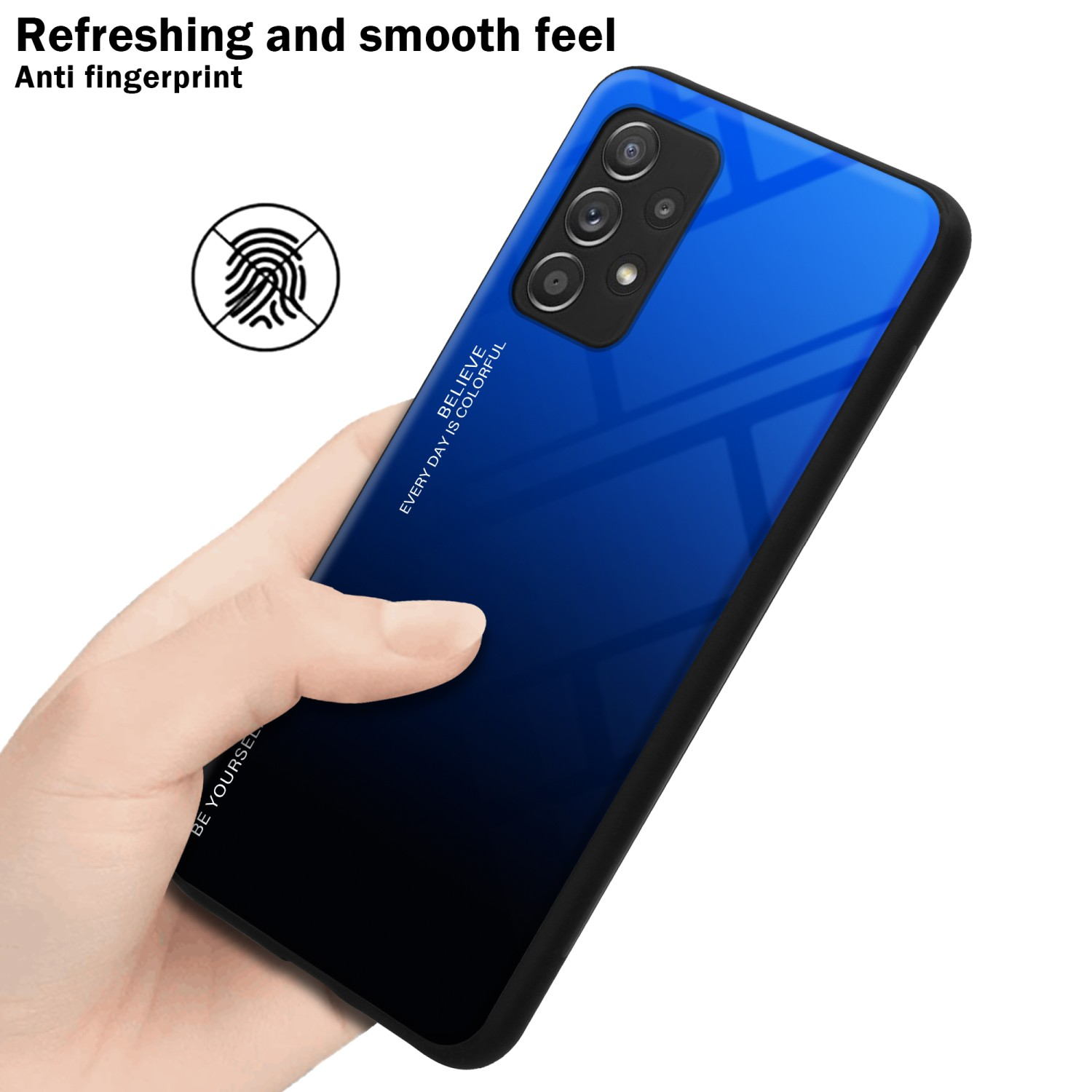 Una mano che tiene un telefono sfumato blu e nero. Testo: Sensazione rinfrescante e liscia.