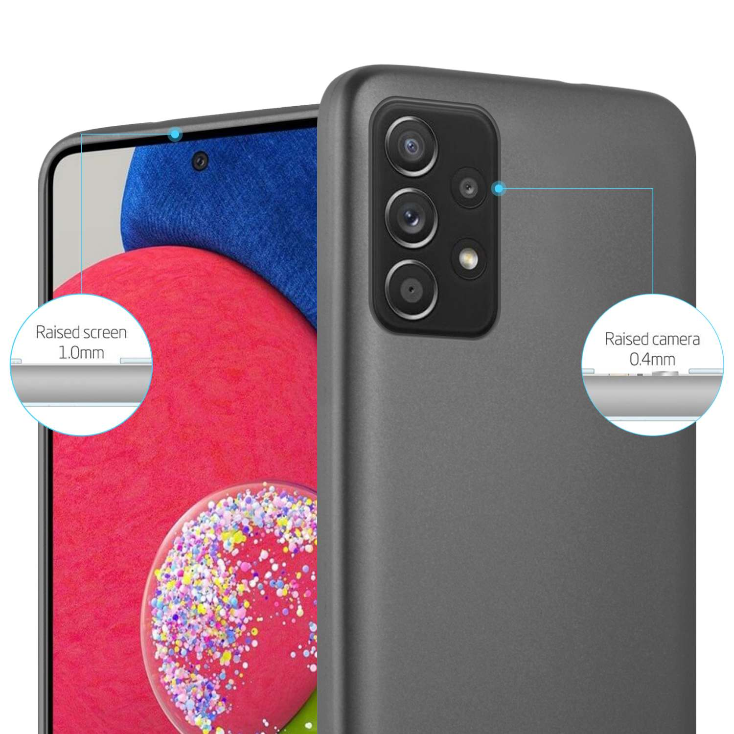 Custodia per telefono grigia con telefono dentro. Mostra il telefono con schermo e fotocamera rialzati.