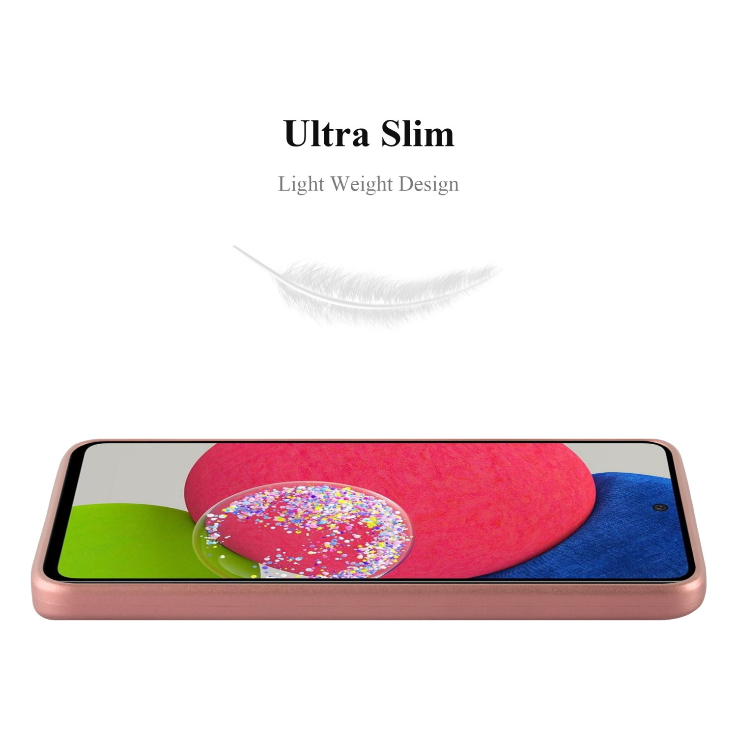 Una custodia color oro rosa con un telefono all'interno. Lo schermo mostra un design rosa e glitterato.