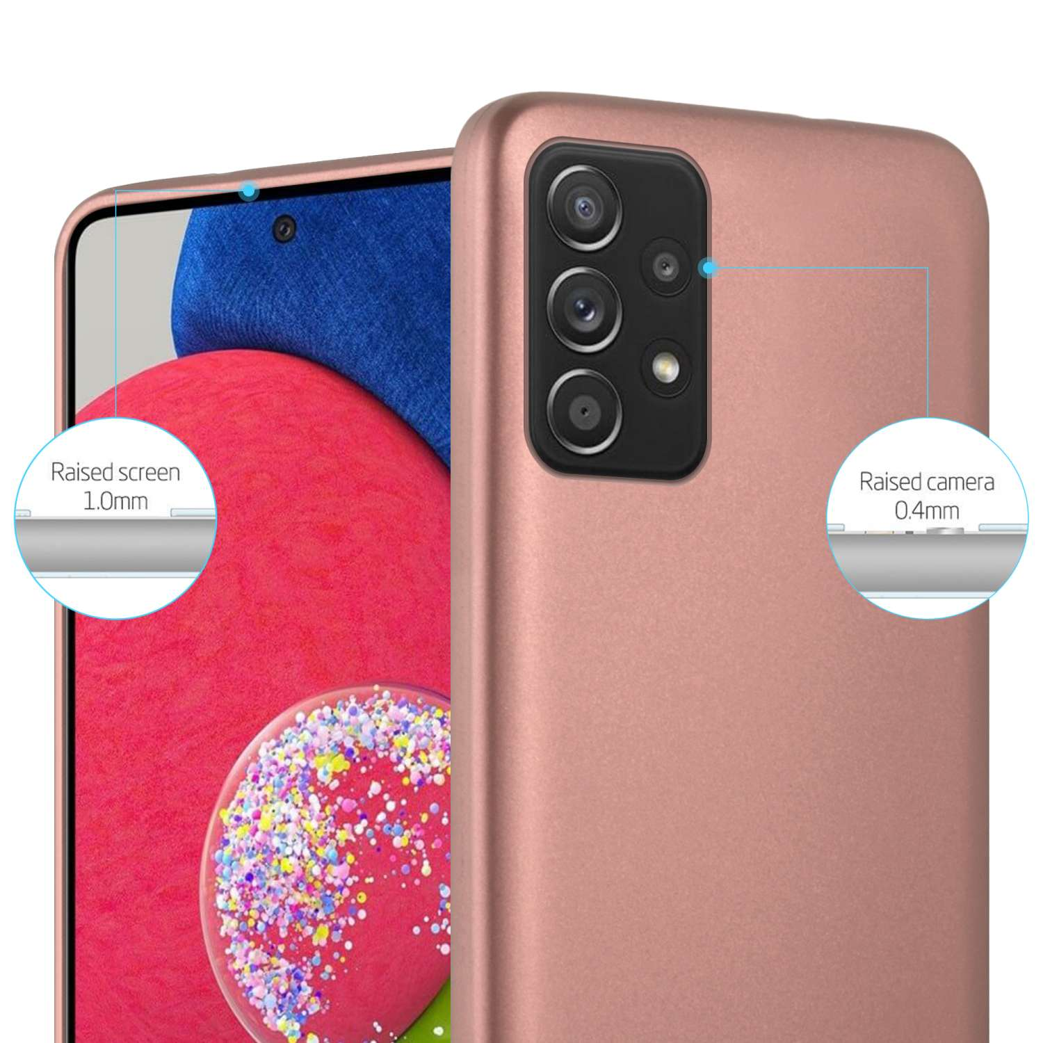 Custodia per telefono oro rosa, telefono all'interno. Schermo e fotocamera rialzati. Telefono rosa. Sfondo bianco.