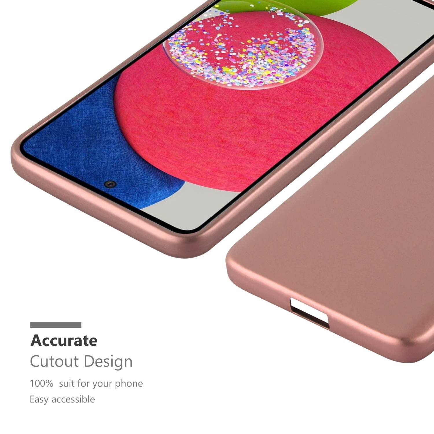 Custodia per telefono oro rosa con telefono. Testo: Design con ritaglio preciso.