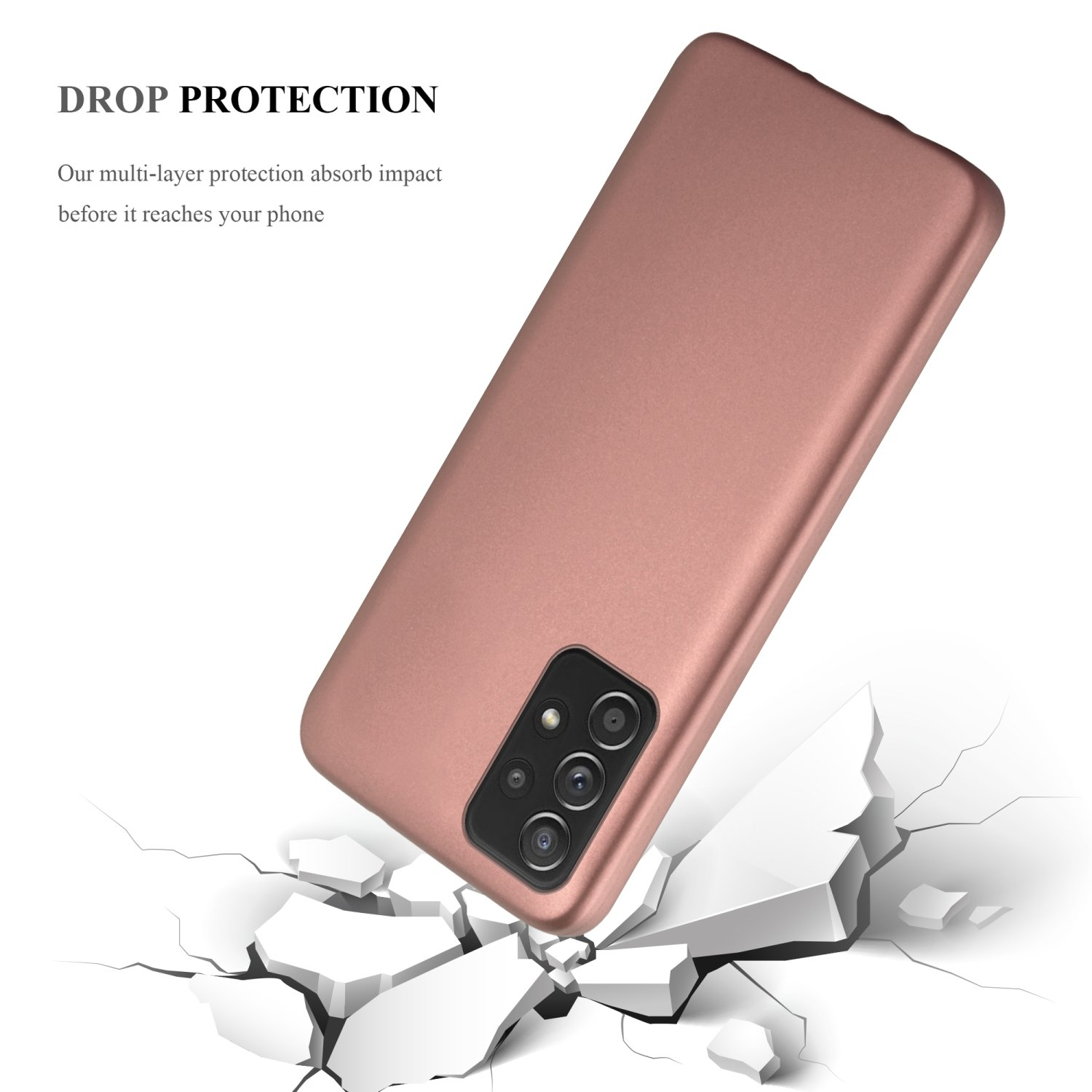 Custodia per telefono oro rosa, angolata, che cade. Sfondo bianco, crepe che appaiono sul terreno.
