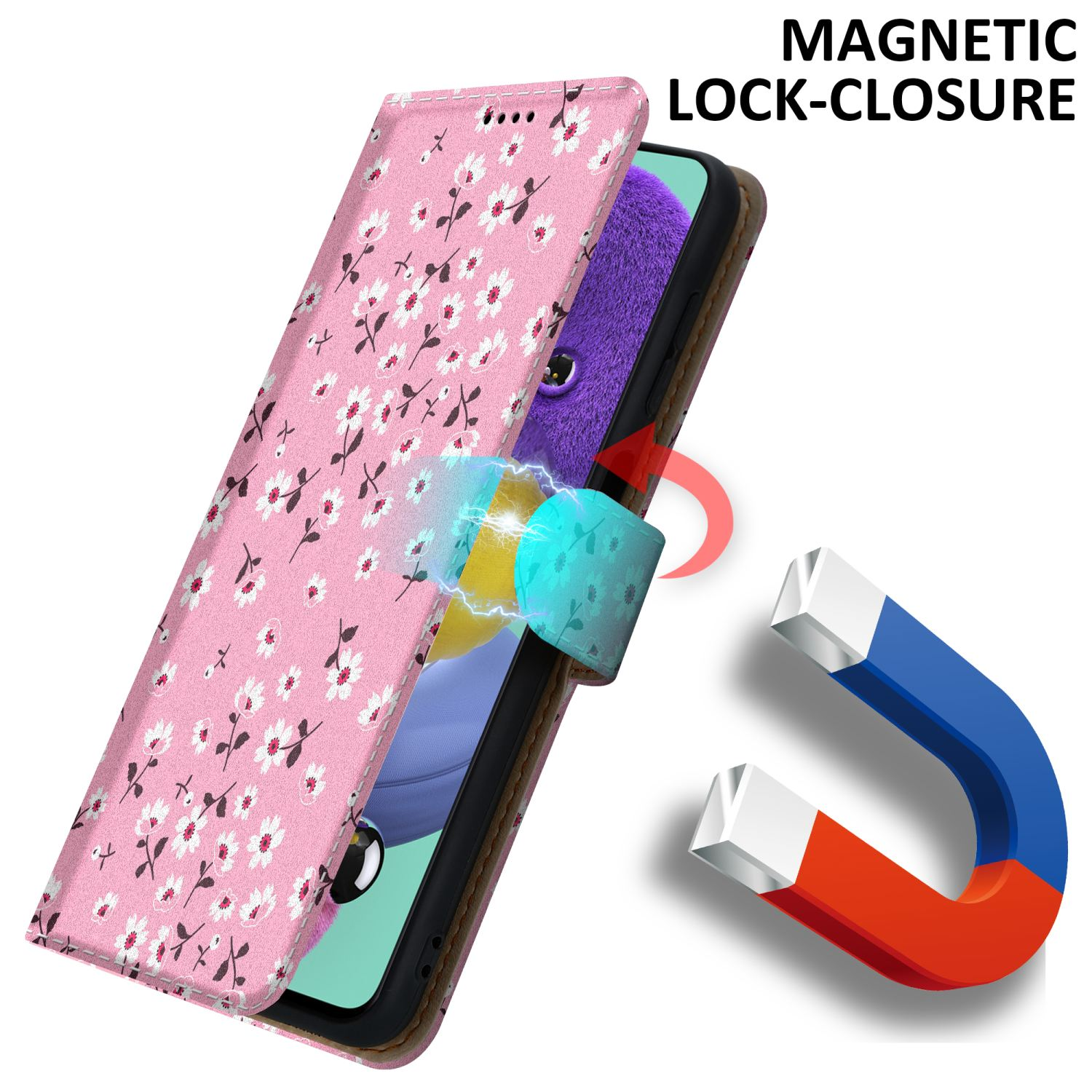 Una custodia per telefono con un design floreale rosa. La custodia è aperta, mostrando un telefono. Chiusura magnetica.