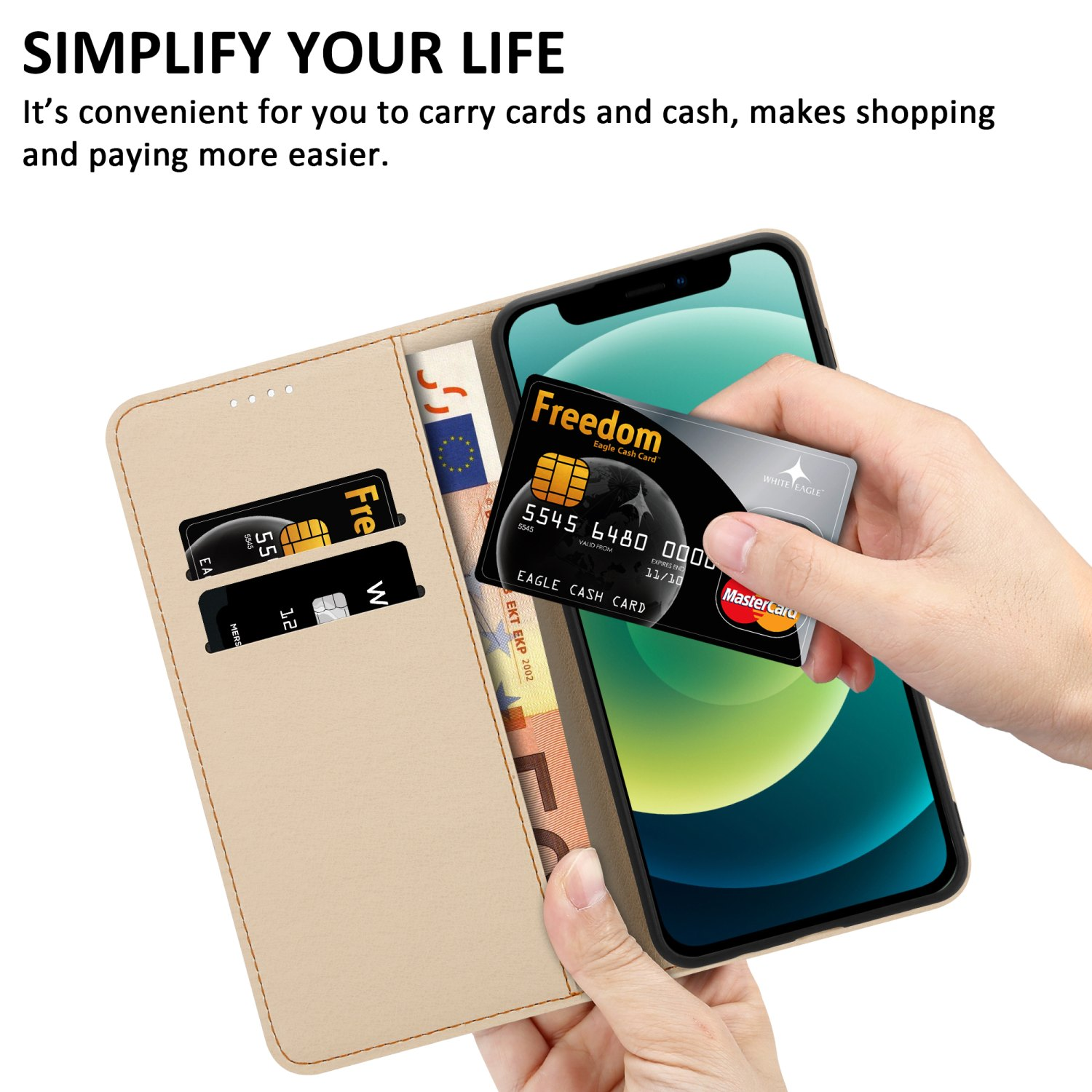 Telefono in una custodia a portafoglio con carte di credito e contanti visibili.