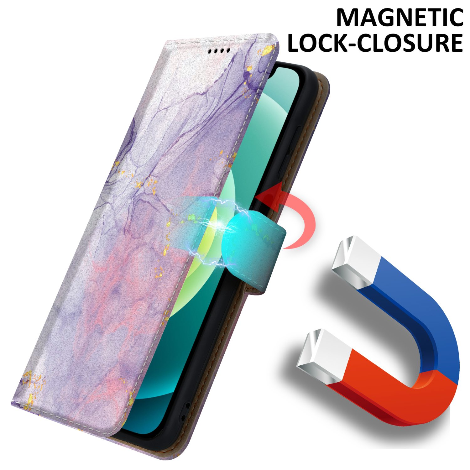 Custodia per telefono con un design marmorizzato. La custodia è aperta, mostrando il telefono. Un magnete è accanto.