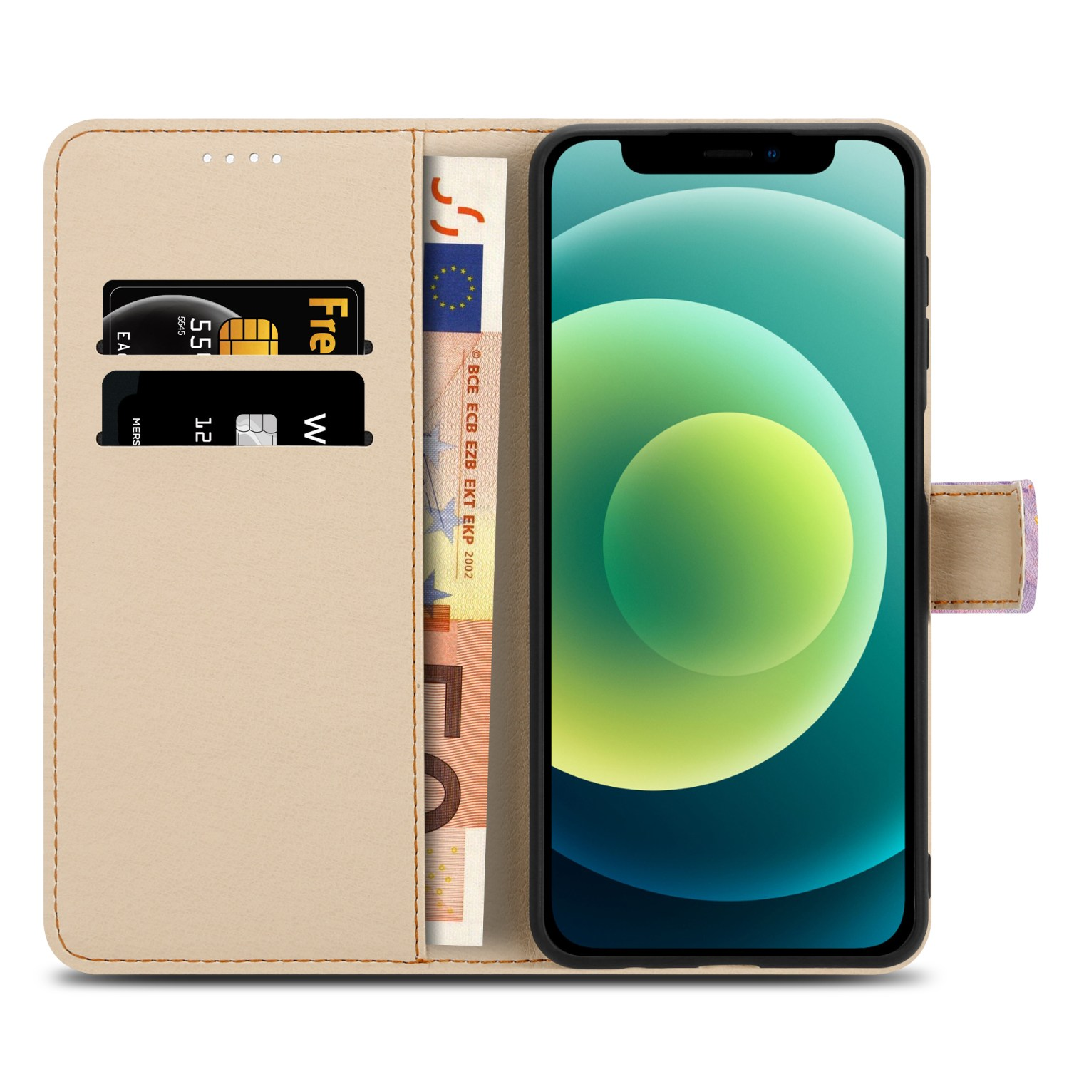 Telefono all'interno di una custodia a portafoglio beige, con denaro e carte. Lo schermo del telefono è acceso.