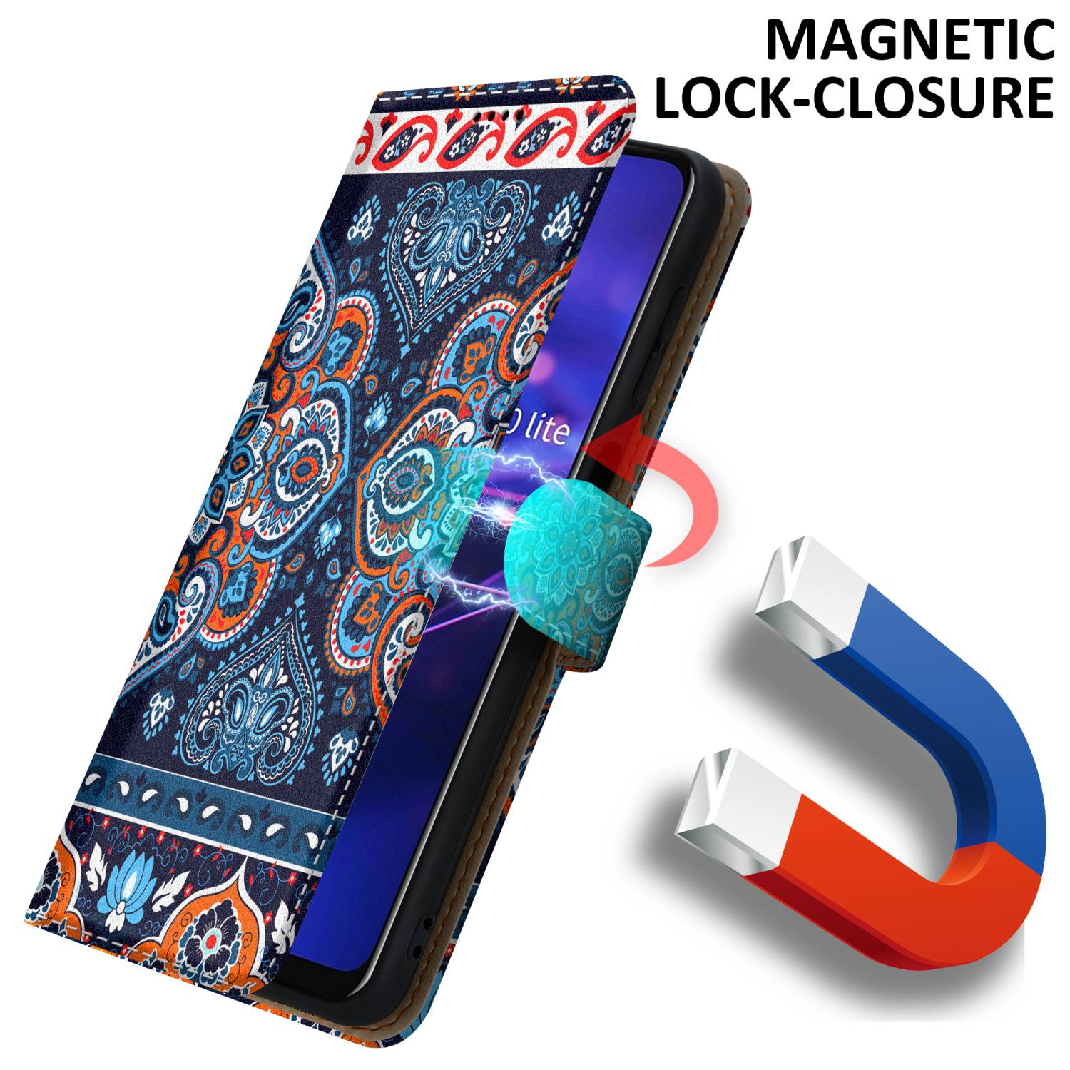 Custodia per telefono con chiusura magnetica. La custodia ha un motivo blu e arancione.