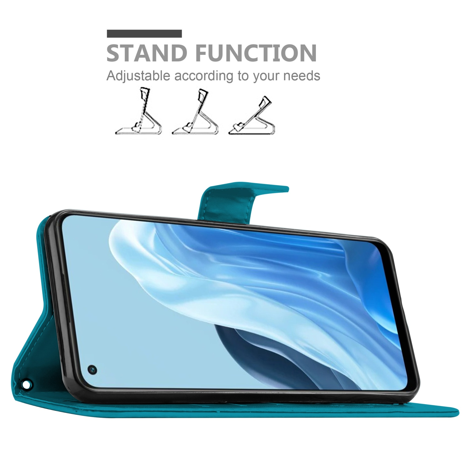 Una custodia per telefono verde acqua con un telefono all'interno, il telefono è puntellato. Icona della funzione stand presente.
