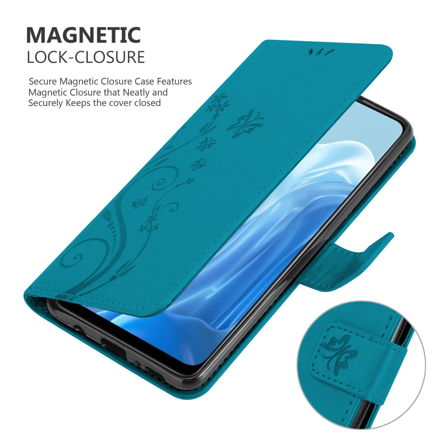Custodia turchese per telefono aperta. Il telefono è all'interno. La custodia ha una chiusura magnetica.