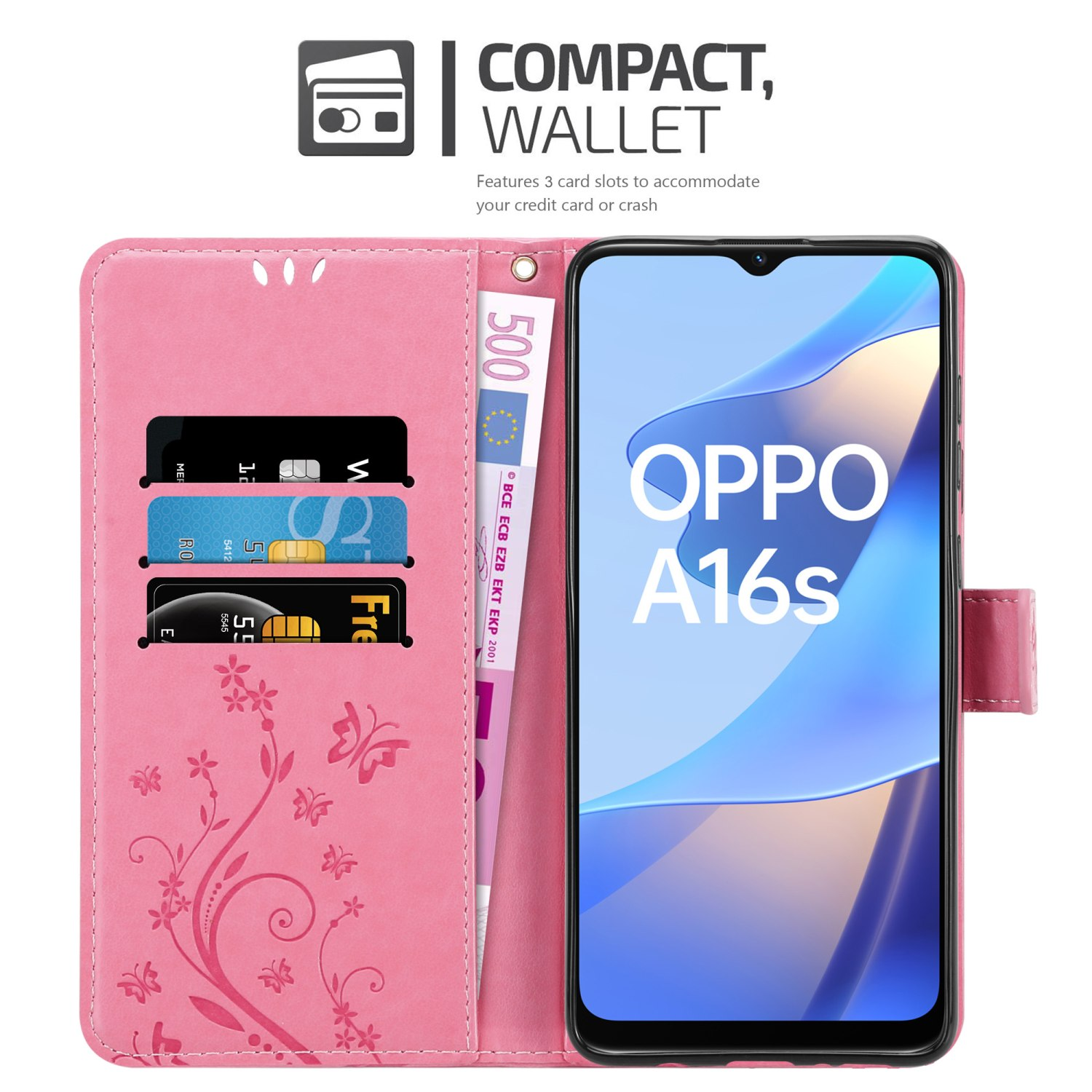 Custodia a portafoglio rosa con carte e banconota da 500 euro, accanto a un telefono Oppo A16s.